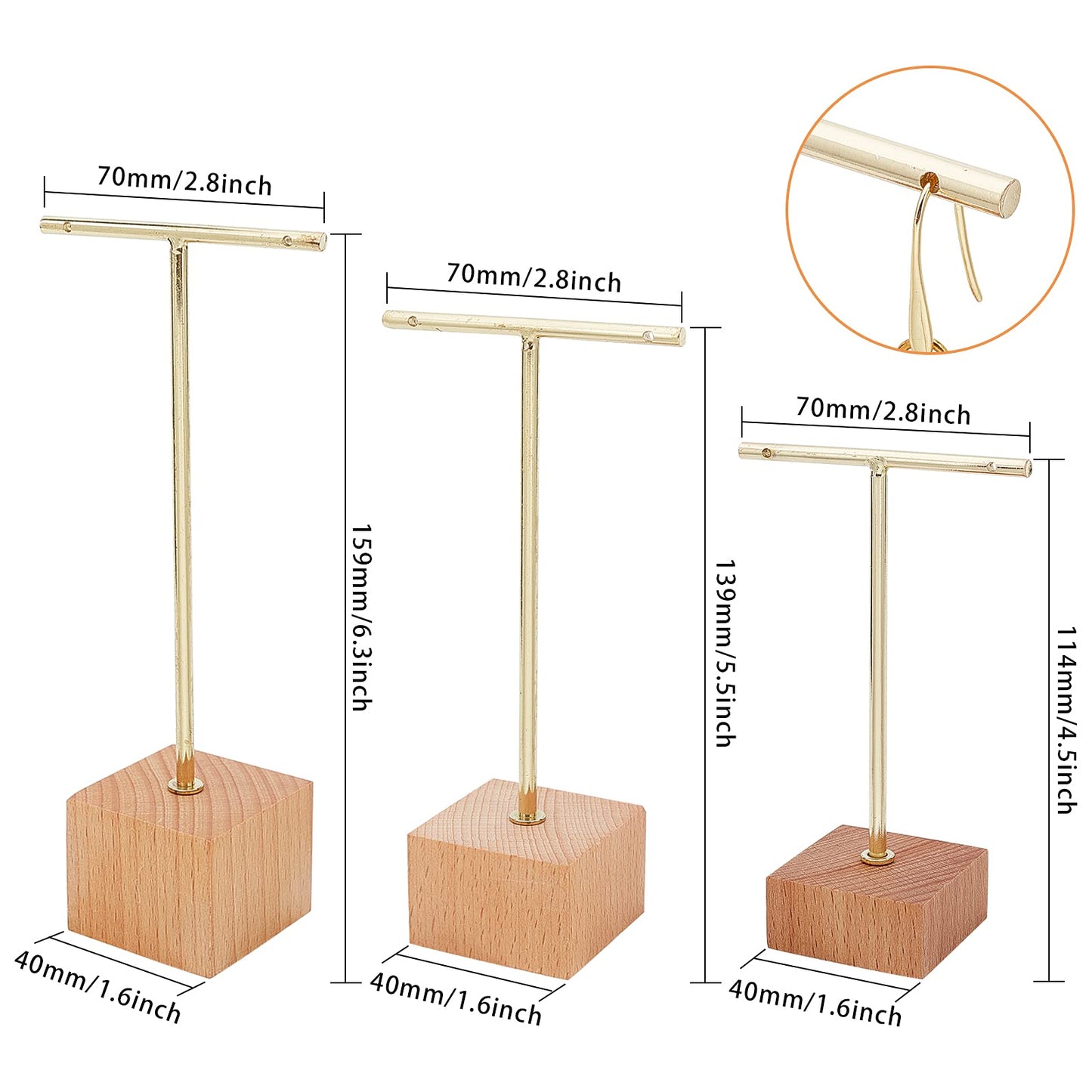FINGERINSPIRE 3 Pcs Gold Metal T Bar Earring Display Stand 6.3/5.5/4.5 Inch Height Jewelry Stand with Wooden Square Base Earring Hanging Holders Jewelry Organizer for Store Retail Photography Props