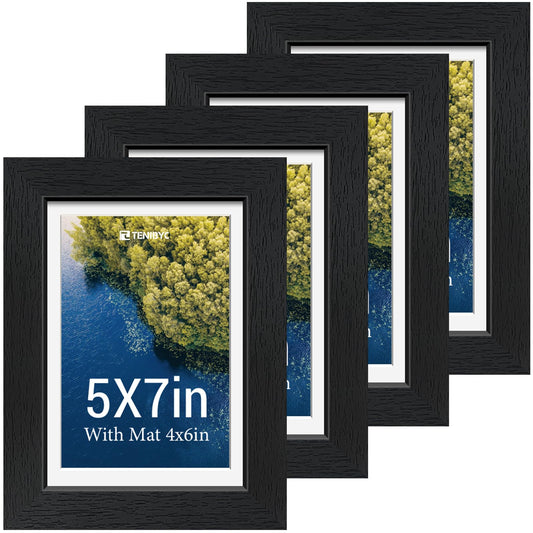 TENIBYC 5x7 Picture Frame Set - 4 Pack, Black Wood Photo Frames - Tempered Glass - Displays Photos 4x6 with Mat or 5 x 7 without - Room, Office, Gallery, Studio, and Hallway Decor - Wall Hanging