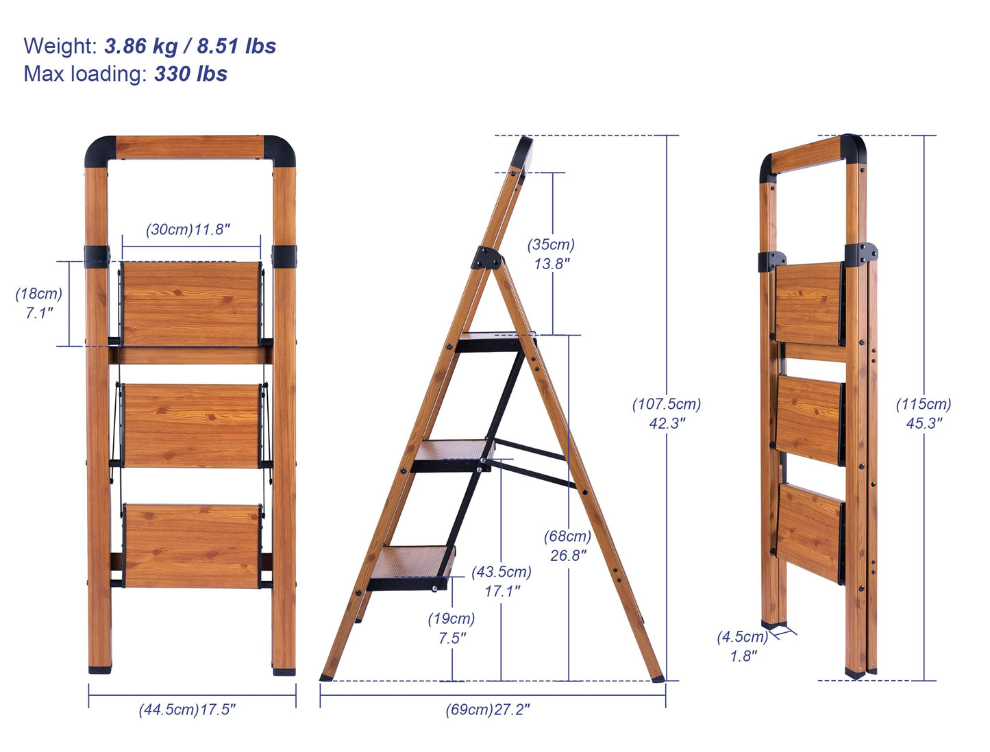BIBKOKE Step Ladder 3-Step Woodgrain Finish Aluminum Folding Ladders
