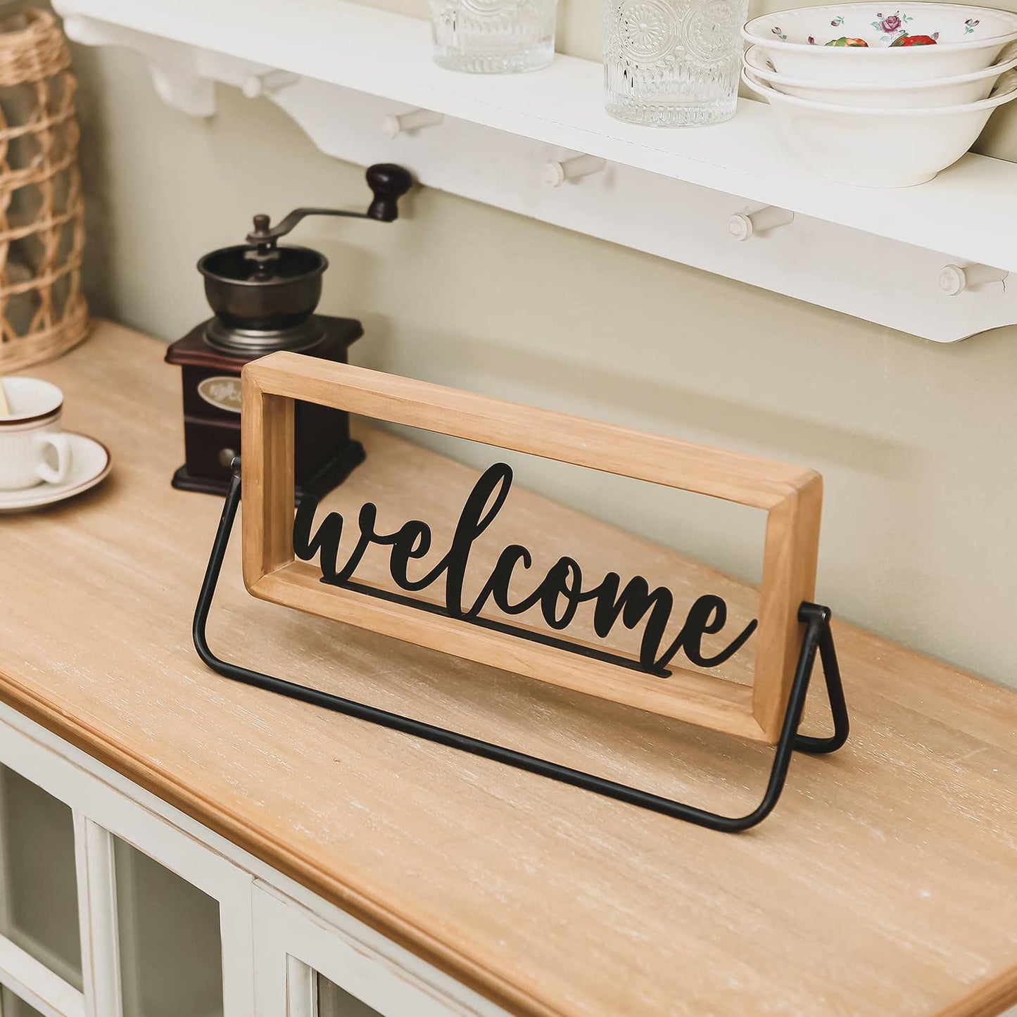 NIKKY HOME Wooden Welcome Sign, Rustic Table Signs Freestanding Word Sign Decorative Cutout Welcome Letters Sign for Home Ornament Entryway Living Room Indoor Decor
