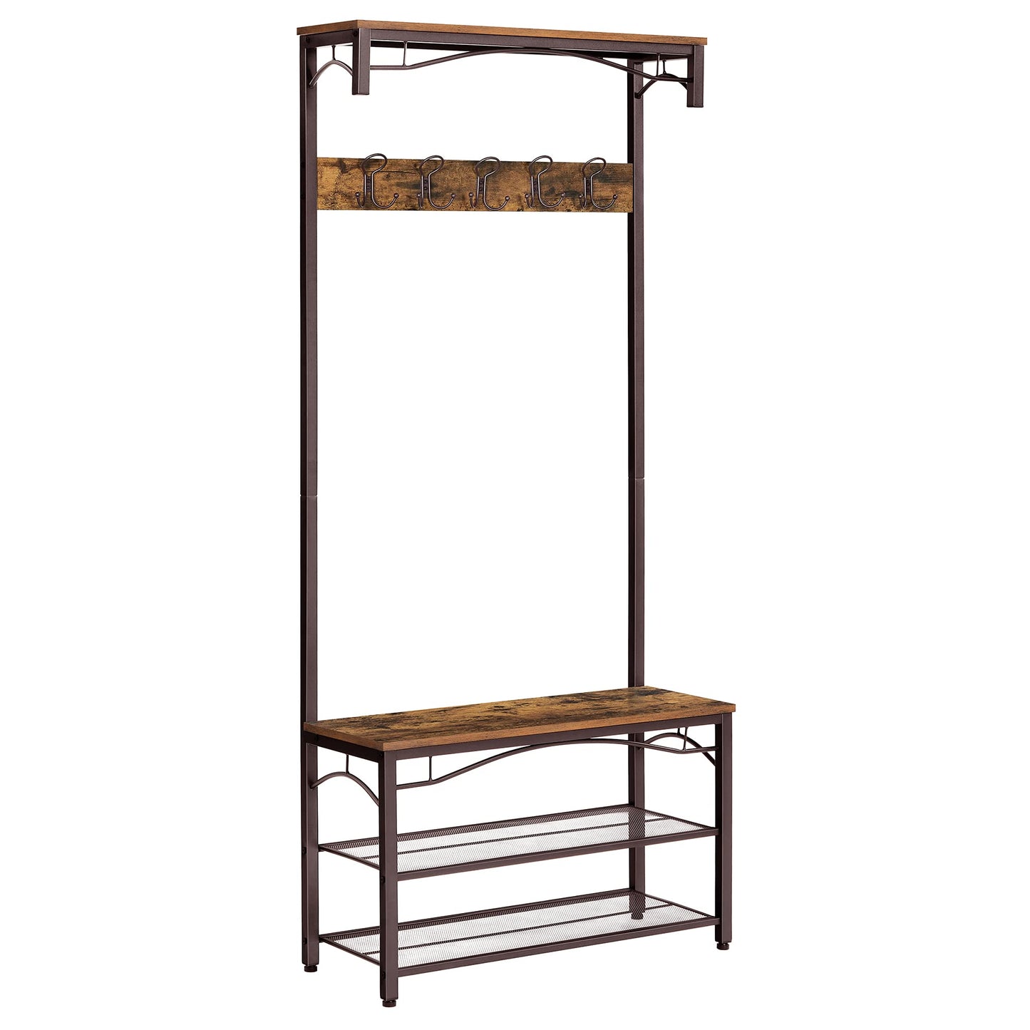 VASAGLE Coat Rack, 3-in-1 Hall Tree, Entryway Shoe Bench Coat Stand, Storage Shelves & Shoe Bench Rack, 3-Tier Storage Shelf for Entryway Hallway Living Room, Industrial Accent Furniture