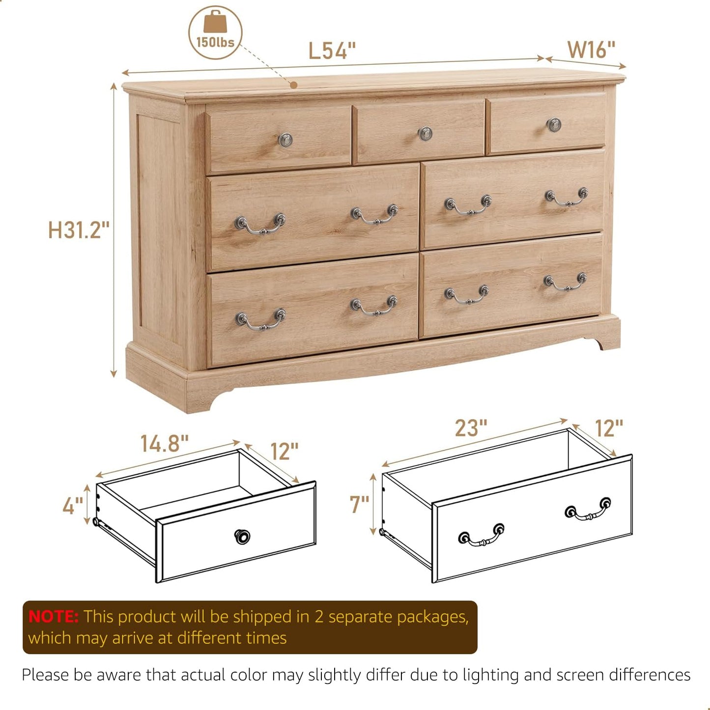 T4TREAM 54" Wide 7 Drawers Dresser Chests for Living Room, Natural Oak