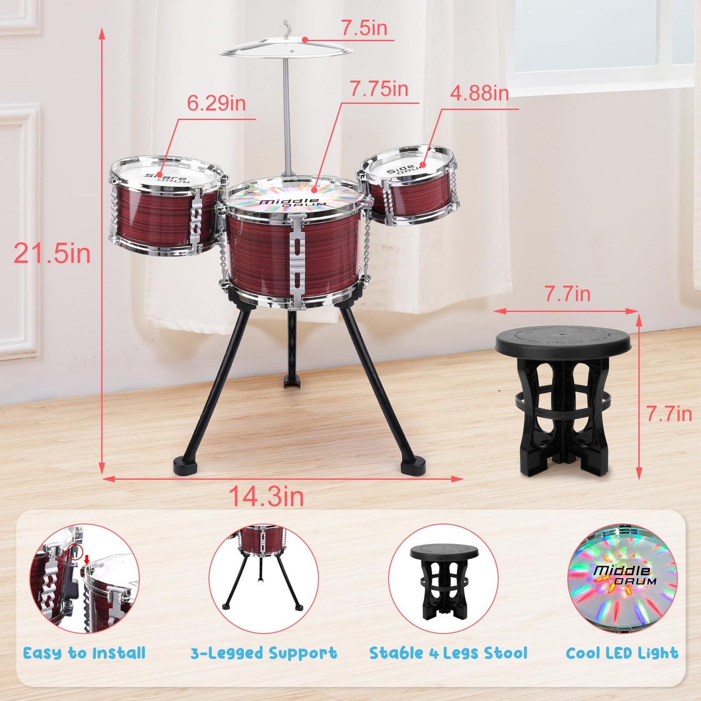 Upgraded Toddler Drum Set with Lights Kids Jazz Drum Kit, Musical Instrument Toys for Toddler 3-5 Boys Girls Christmas Birthday Gift