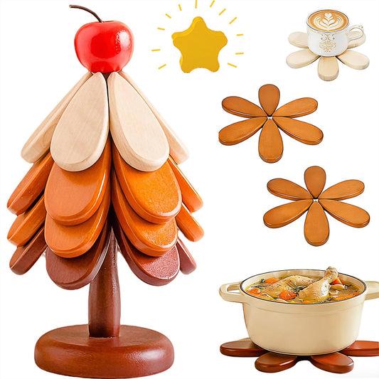 Zozotiny 2 Toppers Wooden Tree Trivets Set of 4 for Hot Dishes, Wood Cup Coasters for Drinks, Hot Pads for Hot Pot/Hot Pan & Plate, Christmas Modern Kitchen Counter Decor, Cooking Accessories