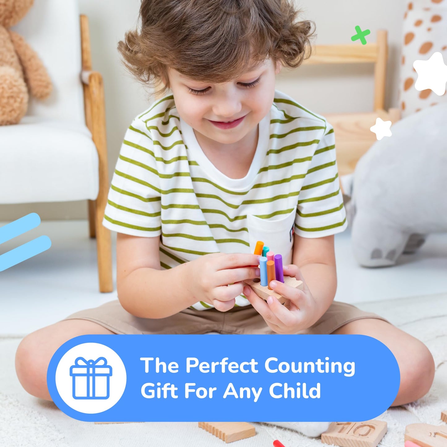 Bimi Boo Counting Peg Boards and Number Tracing for Kids - Wooden Montessori Arithmetic Math Toy Set for Toddlers and Preschoolers - Math Manipulatives for Kindergarten (55 Pegs, 10 Boards, 1 Pencil)