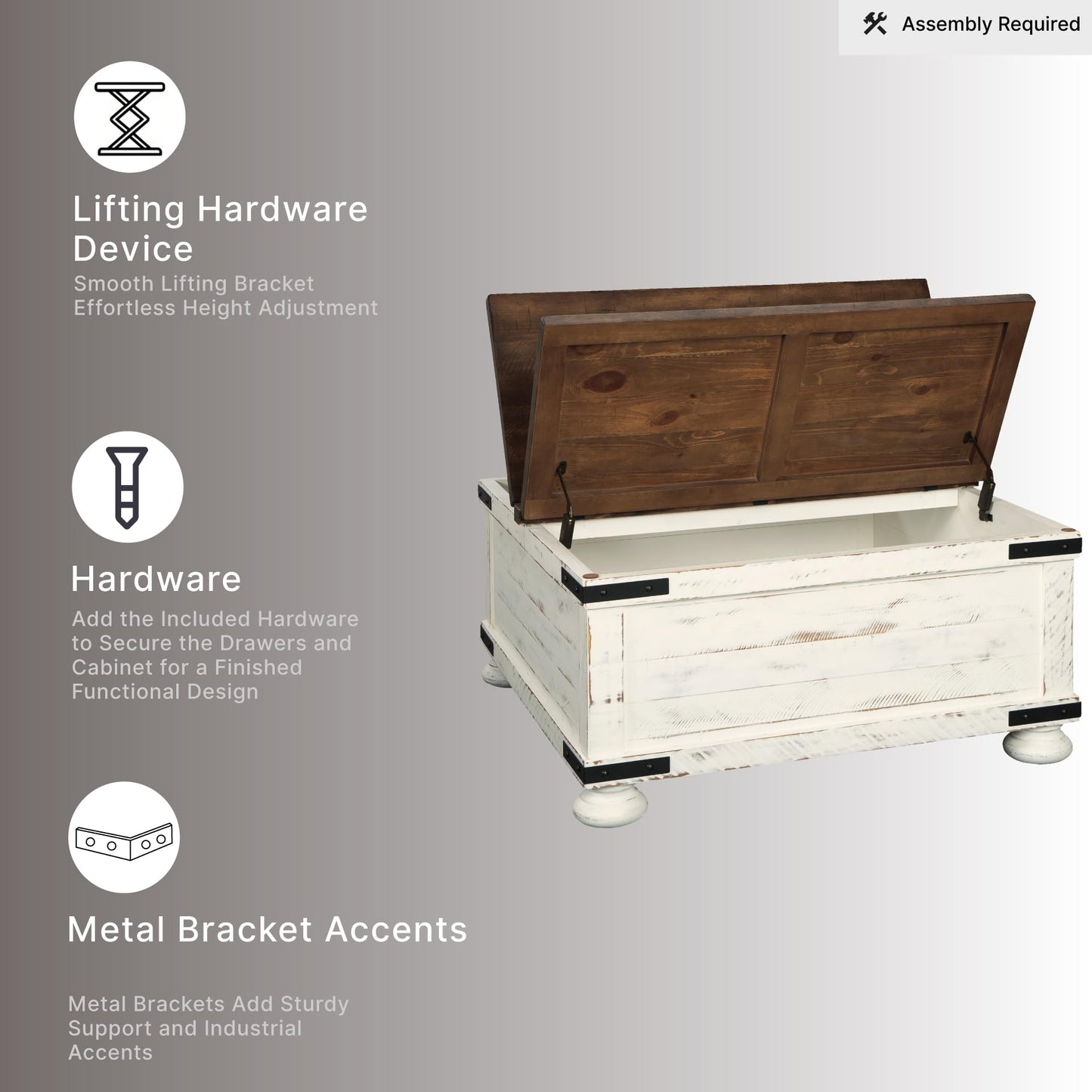 Signature Design by Ashley Wystfield Farmhouse Coffee Table with Storage, Hinged Lift Top, Wood, 36" W x 36" D x 18" H, Distressed White