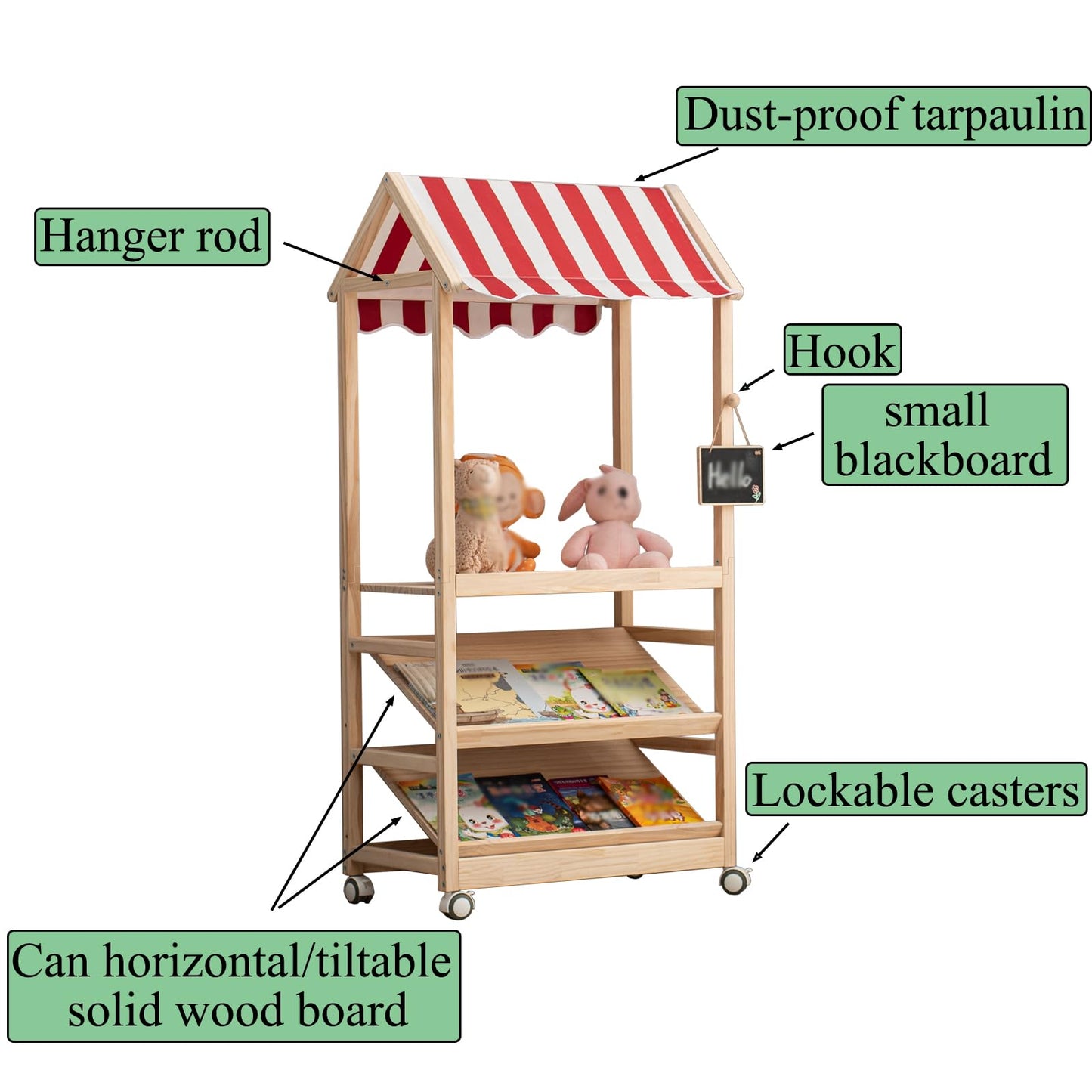 HaoGZMZFCL 3 Tier Wood Storage Rack with Lockable Casters for Easy Movement for Living Room Bed Room Wooden Storage Shelf Bookshelf Coat Rack for Books Toys Clothes, a Rod (Red & White roof)