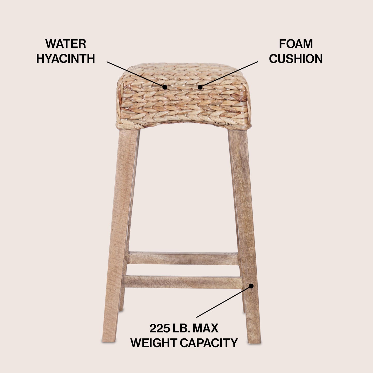 JONATHAN Y Maui Coastal Woven Water Hyacinth Counter Stool, Mango Wood Frame, 26" Backless Counter Stool for Kitchen Island with Integrated Footrest, Fully Assembled, Coastal, Natural CSL1101B