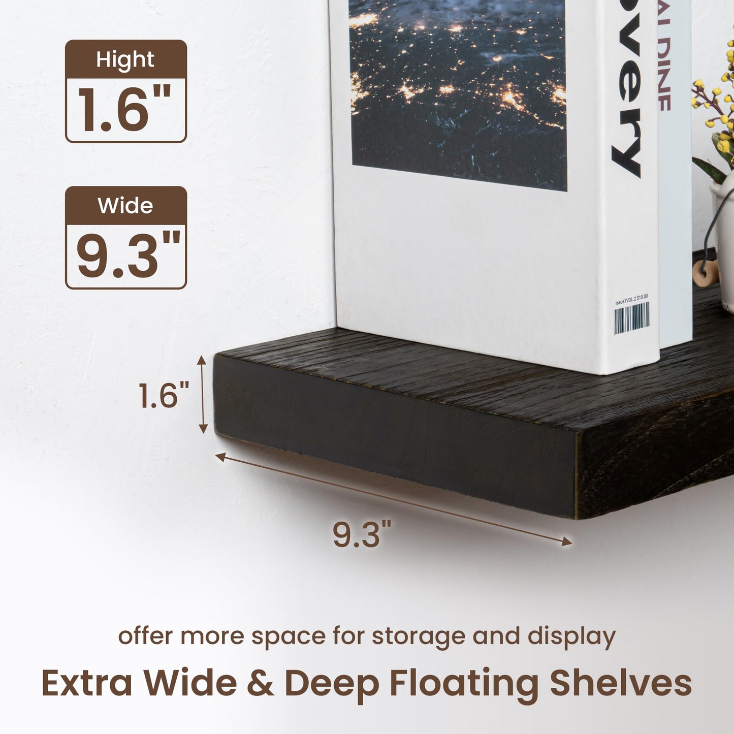fuqing Floating Shelves for Wall - 48 Inch Dark Wood Shelves Set of 1-48 Inch Wide x 9.3 Inch Deep x 1.6 Inch Thick Wooden Wall Shelves for Room Decor & Storage