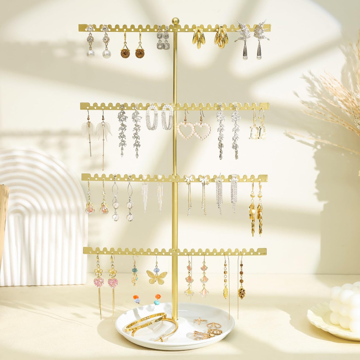 milylove 4-Tier Earring Holder Organizer Stand，Stud Earring Organizers and Storage with Ring Tray, Adjustable Earring Rack Jewelry Display Tree, 96 Holes and 88 Grooves for Earrings for Women Girls