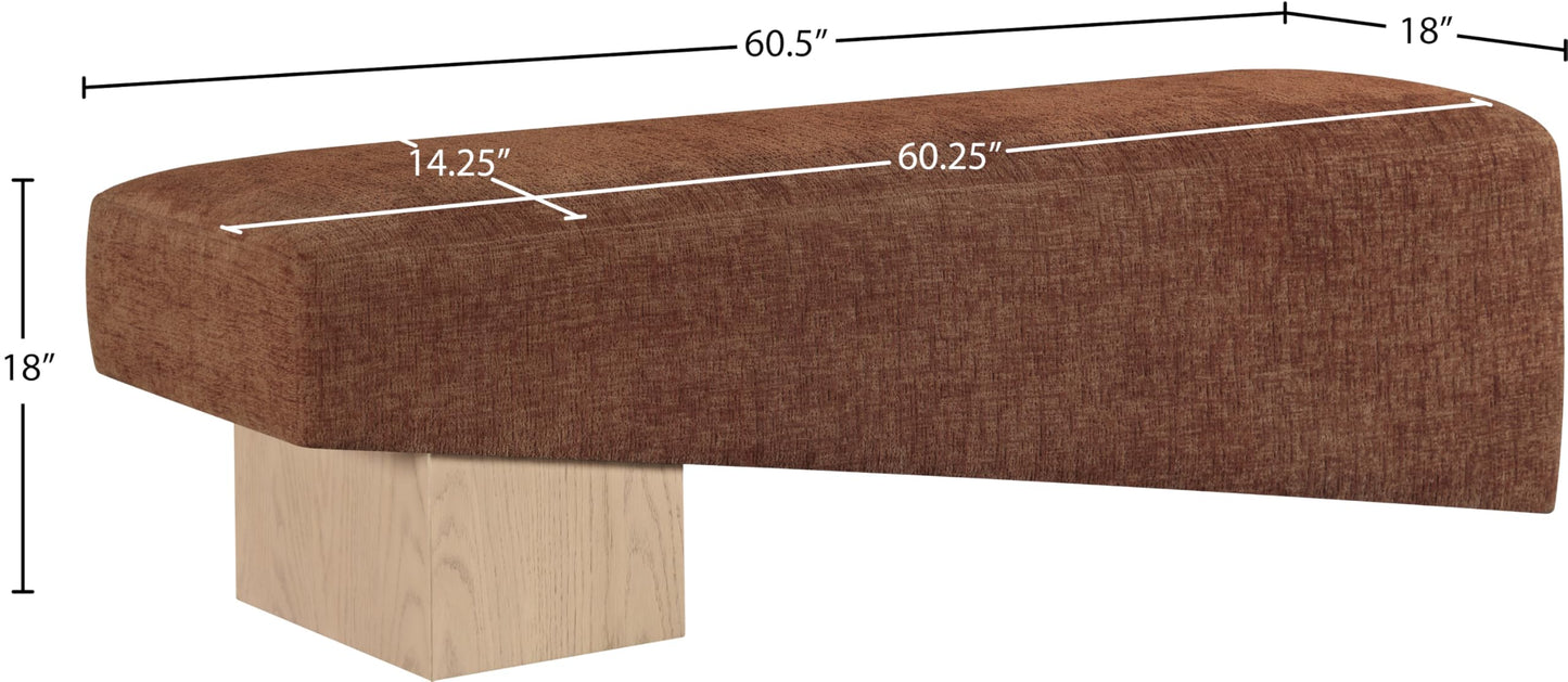 Meridian Furniture 22057Cognac Alora Collection Art Deco Bench with Soft Cognac Polyester Fabric, Natural Finish Solid Wood Frame, 60.5" W x 18" D x 18" H, Cognac