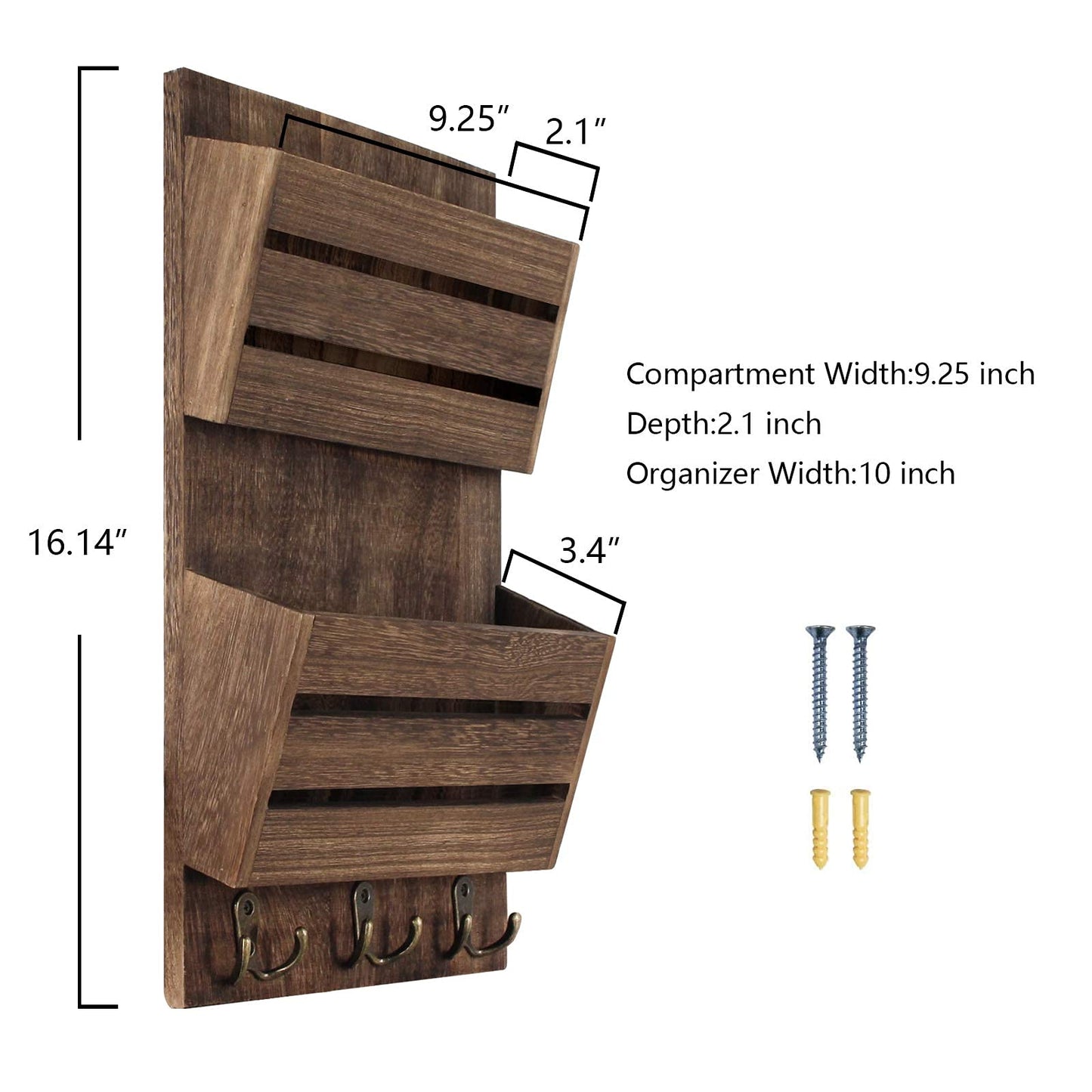 Unistyle Mail Organizer with 4 Hooks, Rustic Brown Wall Mount, Cedar Wood Key Holder for Letters, Magazines, Keys, Dog Leashes