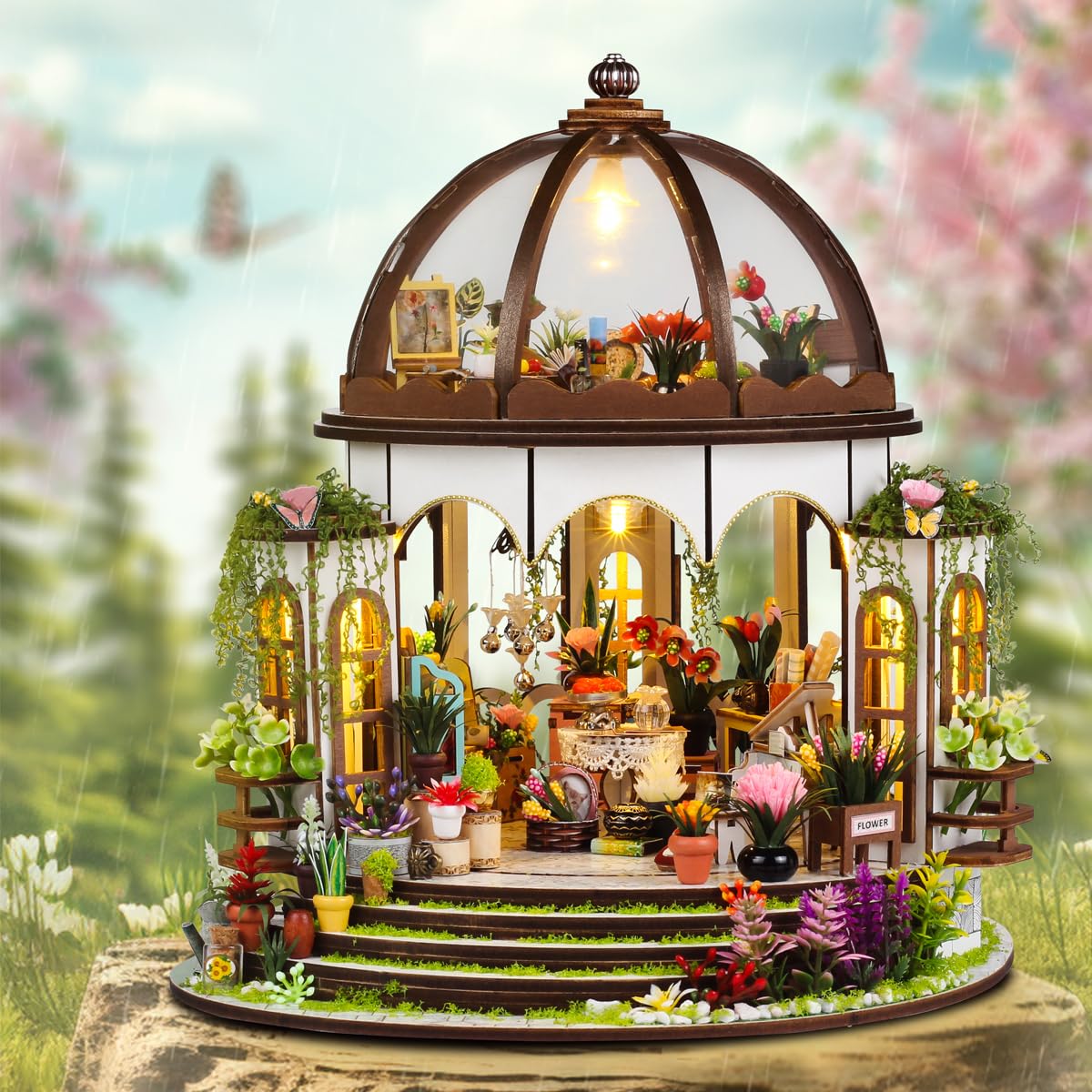 Hanging Garden Miniature House Kit, Wooden Dollhouse with LED & Furniture