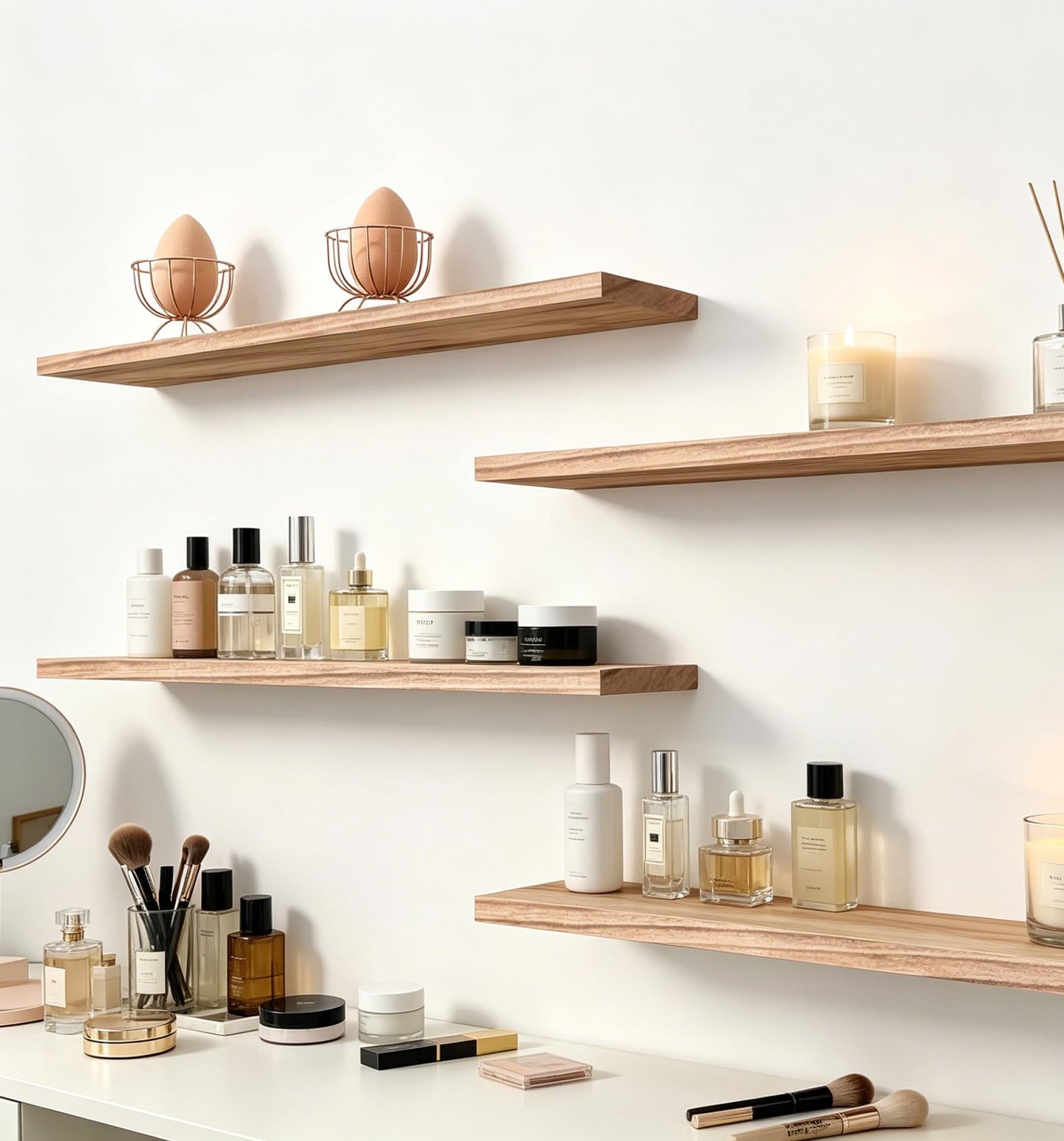 HXSWY 24 Inch Rustic Wood Floating Shelves Farmhouse Wooden Wall Shelves for Bathroom Bedroom Living Room Kitchen Office Set of 4 Light Brown