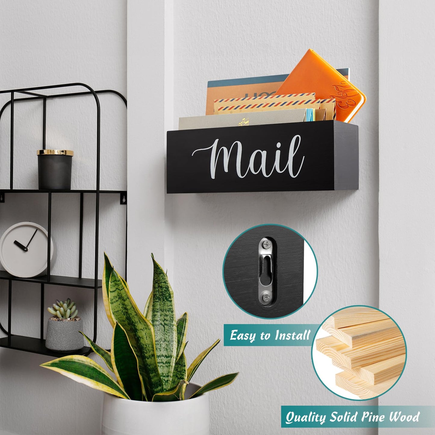 DRASTAR Mail Organizer, Mail Holder with 2 Slots, Mail Basket for Wall Table Countertop, Wood Desk Mail Organizer, Black Envelope Holder for Home Office Decor
