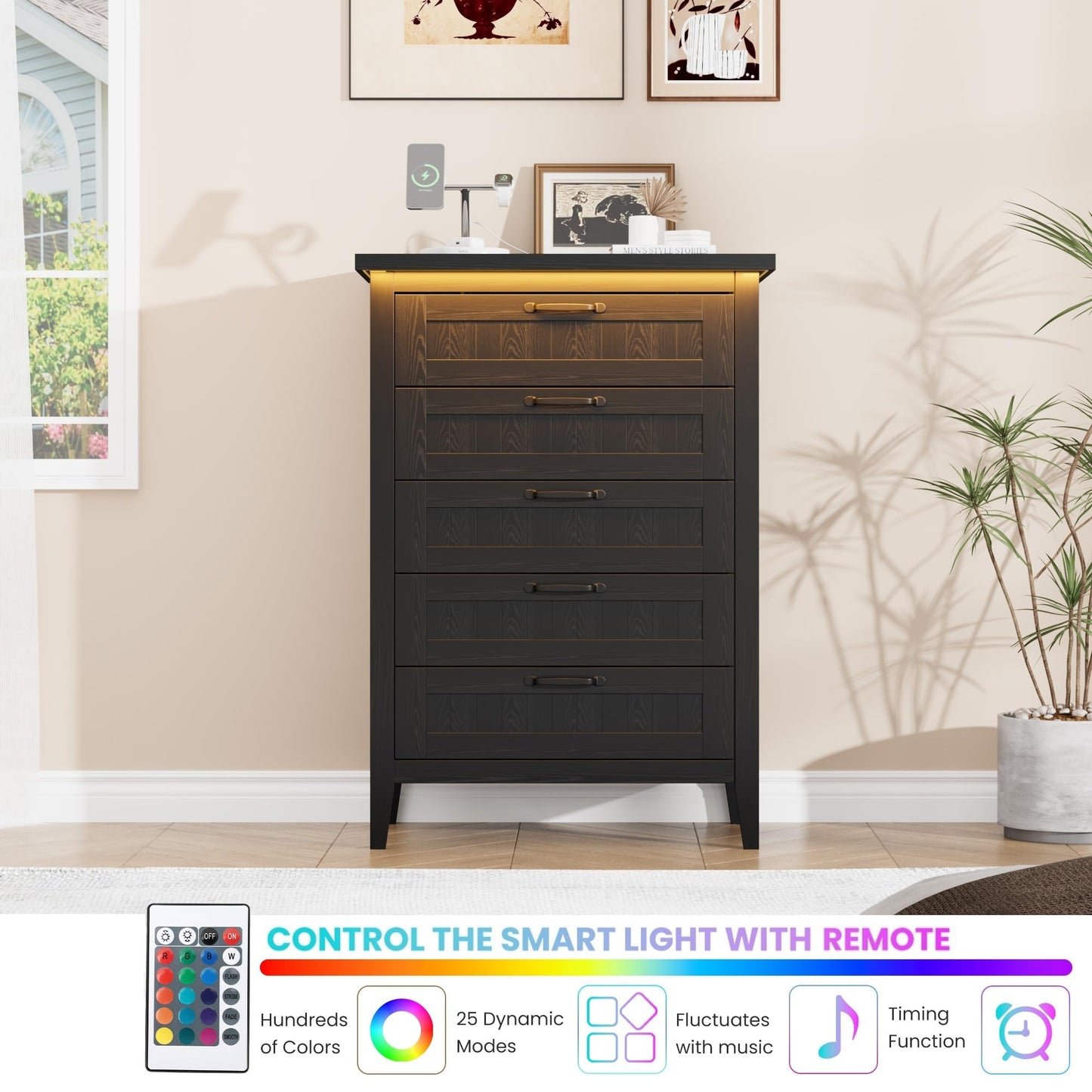 IDEALHOUSE 44.9'' Tall 5 Drawer Dresser with Charging Station & LED Lights