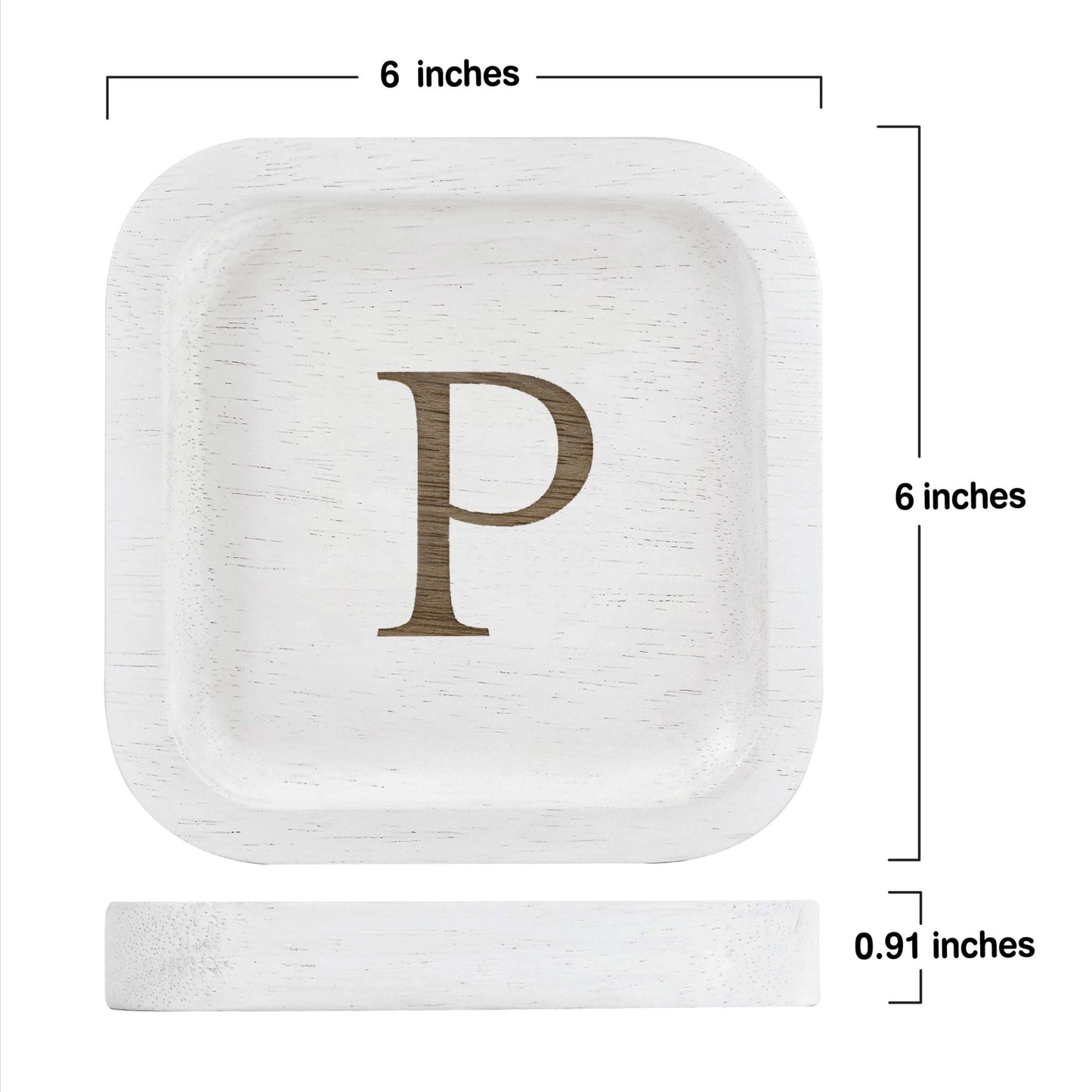 I'm Wooden Personalized Letter Catchall Valet Tray Trinket Dish Jewelry Tray Key Bowl Decorative Plate Organizing Ring Earrings Necklaces Bracelet Watch Coins Wallet Holder (6"x6" Sq White P)