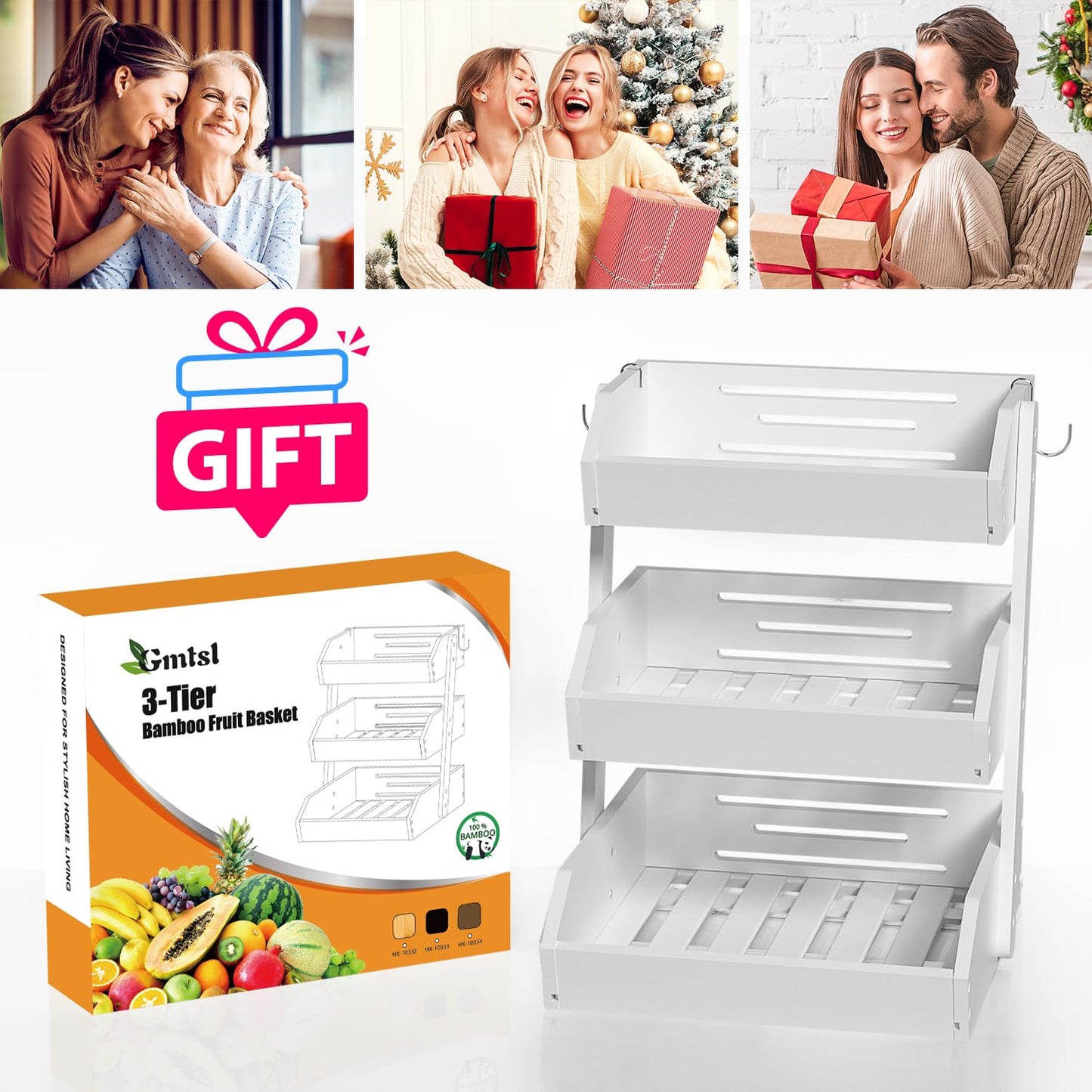 Gmtsl Bamboo Fruit Basket for Kitchen– 3 Tier Fruit Bowl For Kitchen Counter, Large Fruit Holder With Banana Hangers, Idea For Vegetable Storage, Bread Display, Snack Organizer(White)