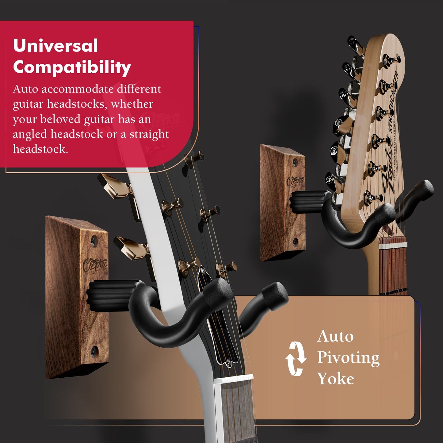 ClefArc Guitar Wall Mount - 3 Pack Black Walnut Guitar Wall Hangers, U-Shape Hardwood Guitar Hanger, Guitar Gifts for Men Women Guitarists, Guitar Accessories, with 6 Assorted Guitar Picks