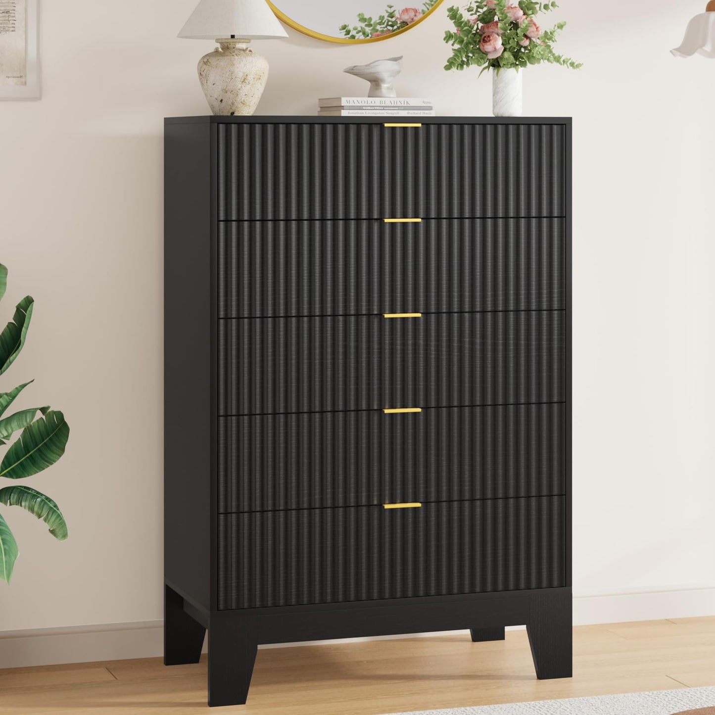 Garvee 5 Drawer Dresser for Bedroom, 47" Tall Fluted Chest of Drawers with Metal Handle, Modern Wooden Dresser TV Stand, Clothes Storage Organizer Wood Closet for Hallway, Entryway, Black