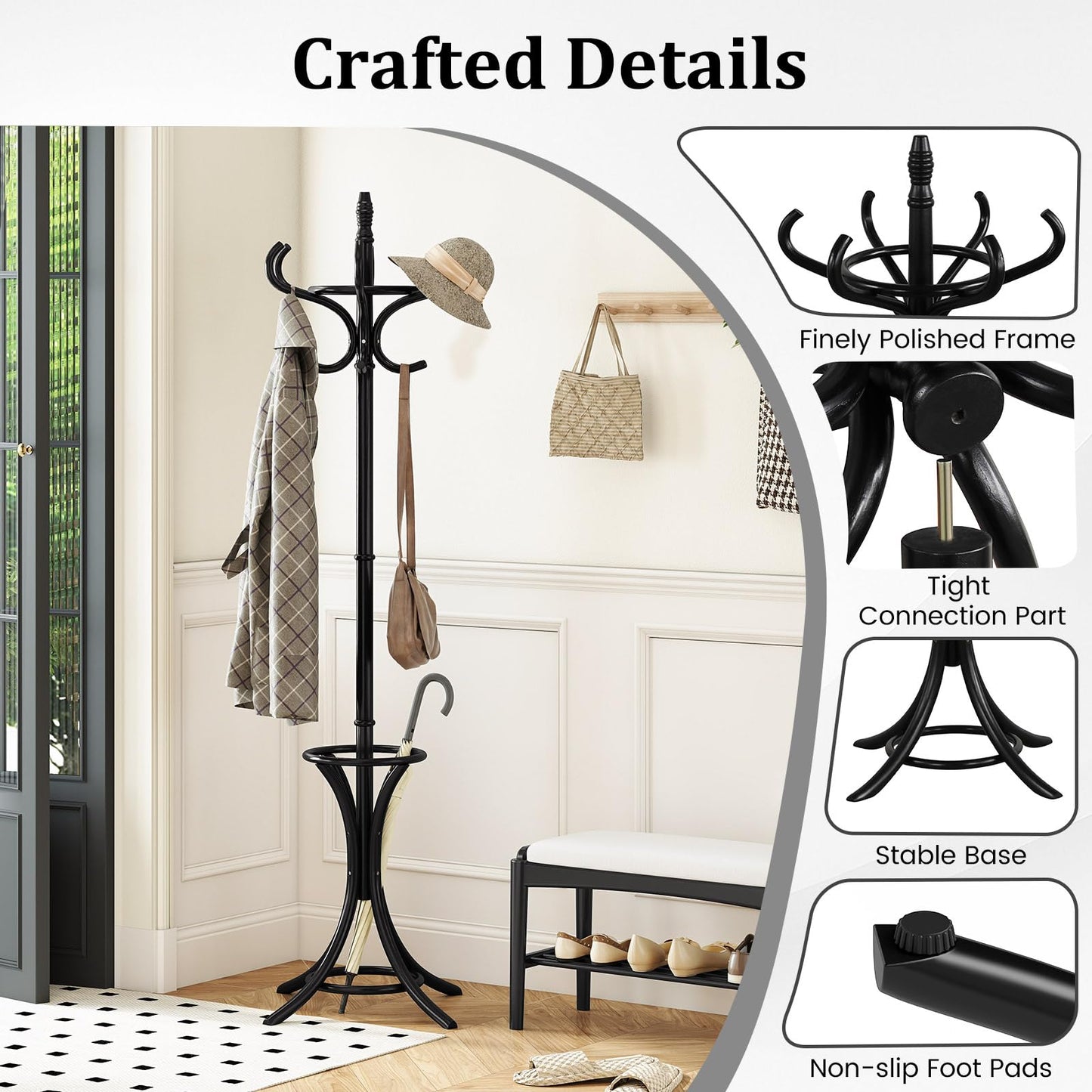 Tangkula Coat Rack with Umbrella Holder, 73 Inch Freestanding Coat Hanger Stand with 12 Hooks, Wooden Entryway Coat Tree for Clothes, Bags, Hats, Scarves, Living Room, Bedroom, Hallway (Black)