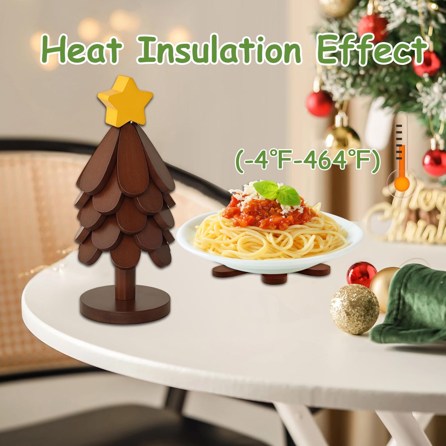 Lwuey Christmas Wooden Tree Trivet Set - 5 Foldable Heat-Resistant Trivets + 1 Stand for Hot Dishes, Pot, Bowl, Teapot, Hot Pot Holders(Walnut)
