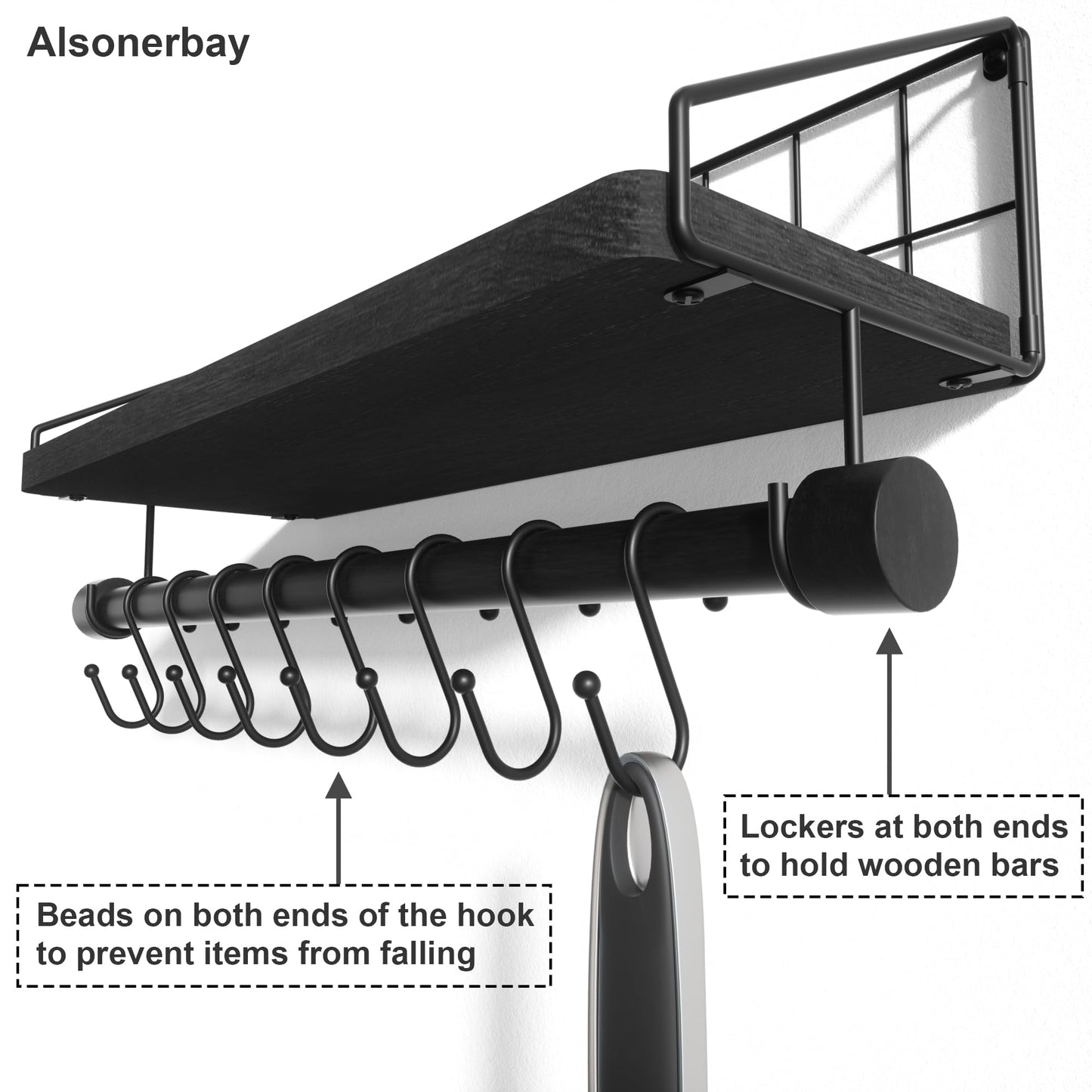 Alsonerbay Floating Shelves Wall Shelves for Bedroom, Bathroom Shelves Wall Mounted with Towel Bar, Kitchen Rustic Wood Shelf with Hooks for Hanging Cooking Utensils or Mugs