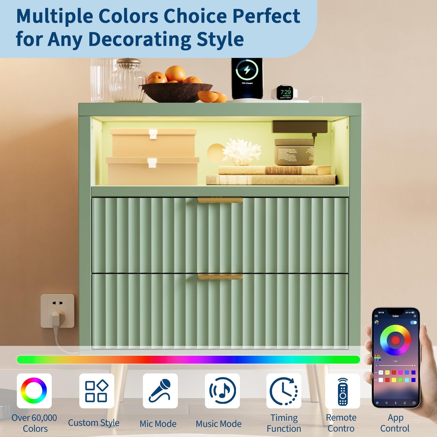 2 Drawers Dresser for Bedroom, 23.6" w Wooden Dresser with LED Lights and Charging Station, Fluted Wood TV Stand with Gold Handle, Modern Chest of Dressers for Closet, Living Room, Hallway, Green