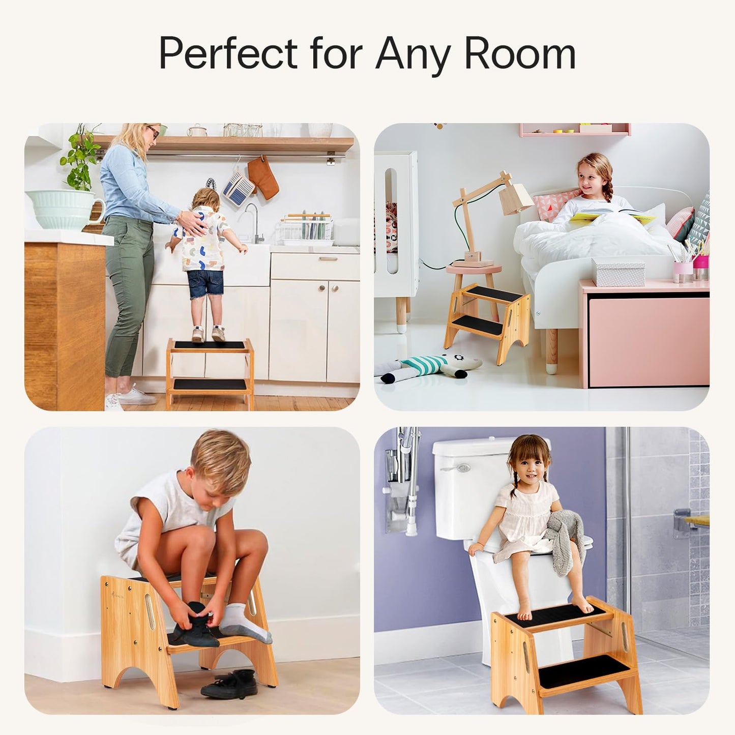 StrongTek Wooden Step Stool, 15" Dual Height Step Stools, Easy to Clean, Potty Training Stool with Handles, 300 lbs Capacity for Bathroom Sink, Kitchen, Bedroom