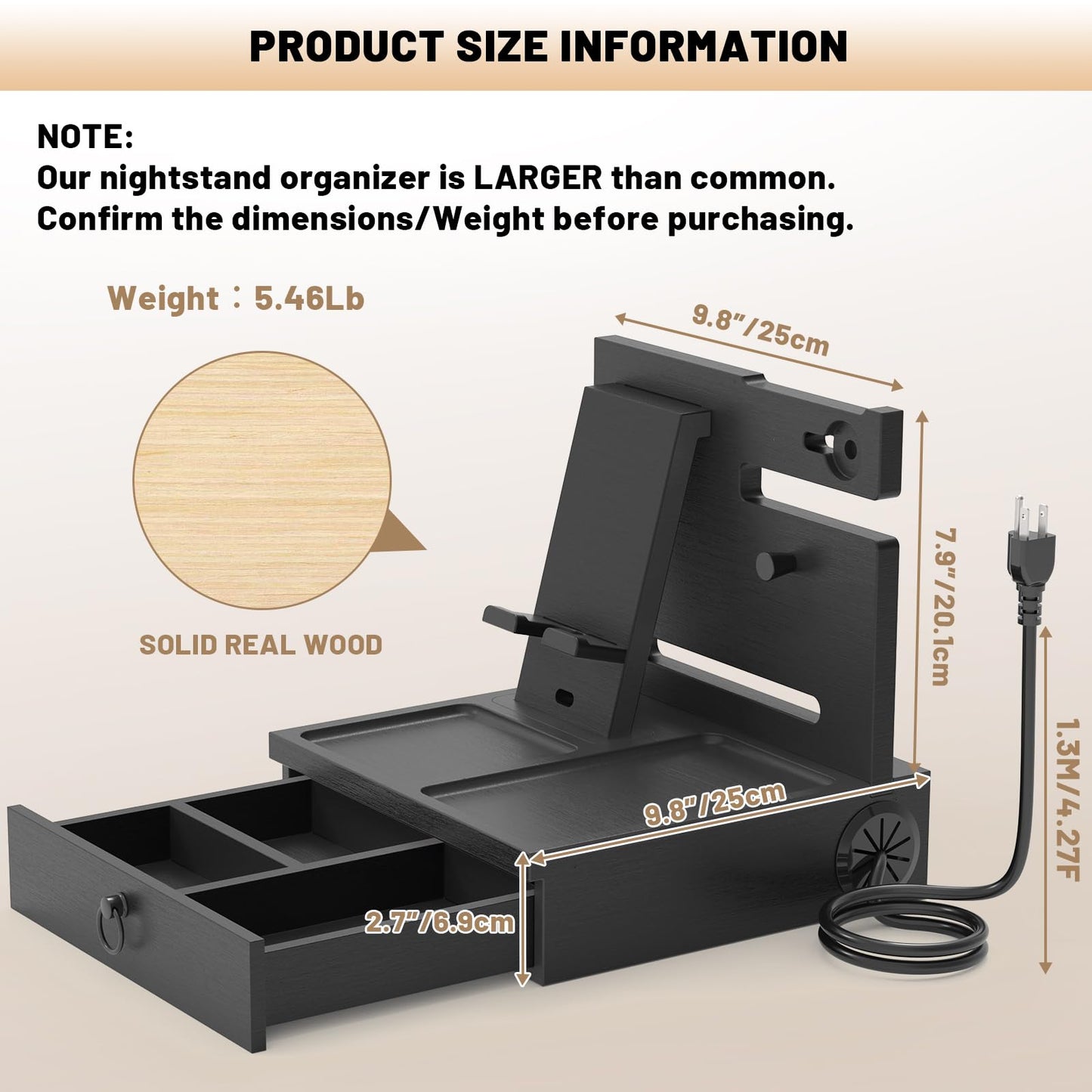Wood Phone Docking Station with USB Ports and Outlets, Nightstand Organizer with Charging Station, Bedside Organizer with Drawer for Watch & Accessories, Christmas Anniversary Birthday Gifts for Men