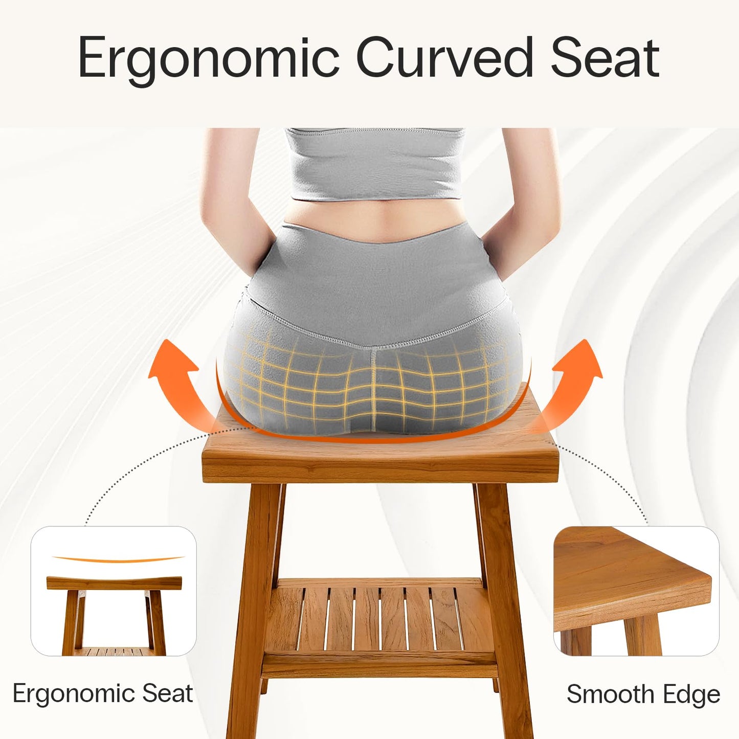 StrongTek Teak Shower Stool with Storage Shelf, 18-Inch Pre-Oiled Teak Wood Bath Seat Bench, Ergonomic Curved Seat, Easy Assembly, Water-Resistant, 350 lbs Capacity, Ideal for Bathroom, Spa & Home Use