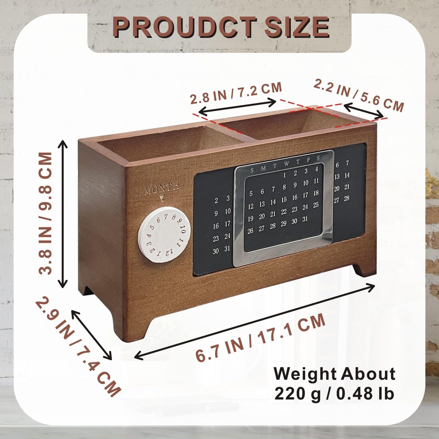 HELAIMAY Wooden Calendar Pencil Pen Holder, Desk Organizer with 2 Slots, Multifunctional Stationery Holder for School Home Office Supplies, Walnut Color, 1 Piece
