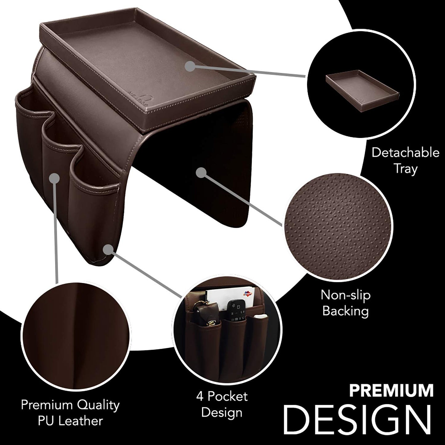 NEATOPA Couch Remote Caddy Control Holder Sofa Organizer with Detachable Wooden Snack Tray for Recliner Mattresses Chair Armrests with 4 Slots - 1 Large Pockets and 3 Small Pockets (Brown)