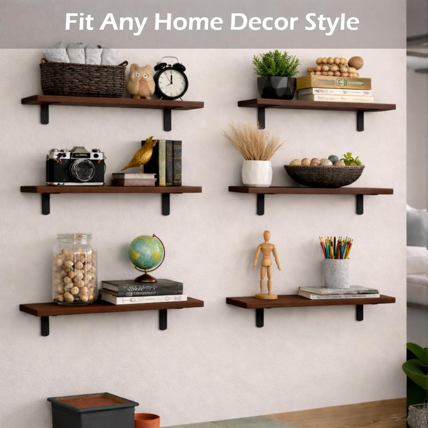 StorelySpace Floating Shelves Set of 6, Wooden Floating Shelves for Wall Decor, Farmhouse Shelf for Bedroom, Wall Mounted Bathroom Storage Shelves, Floating Book Shelves for Living Room
