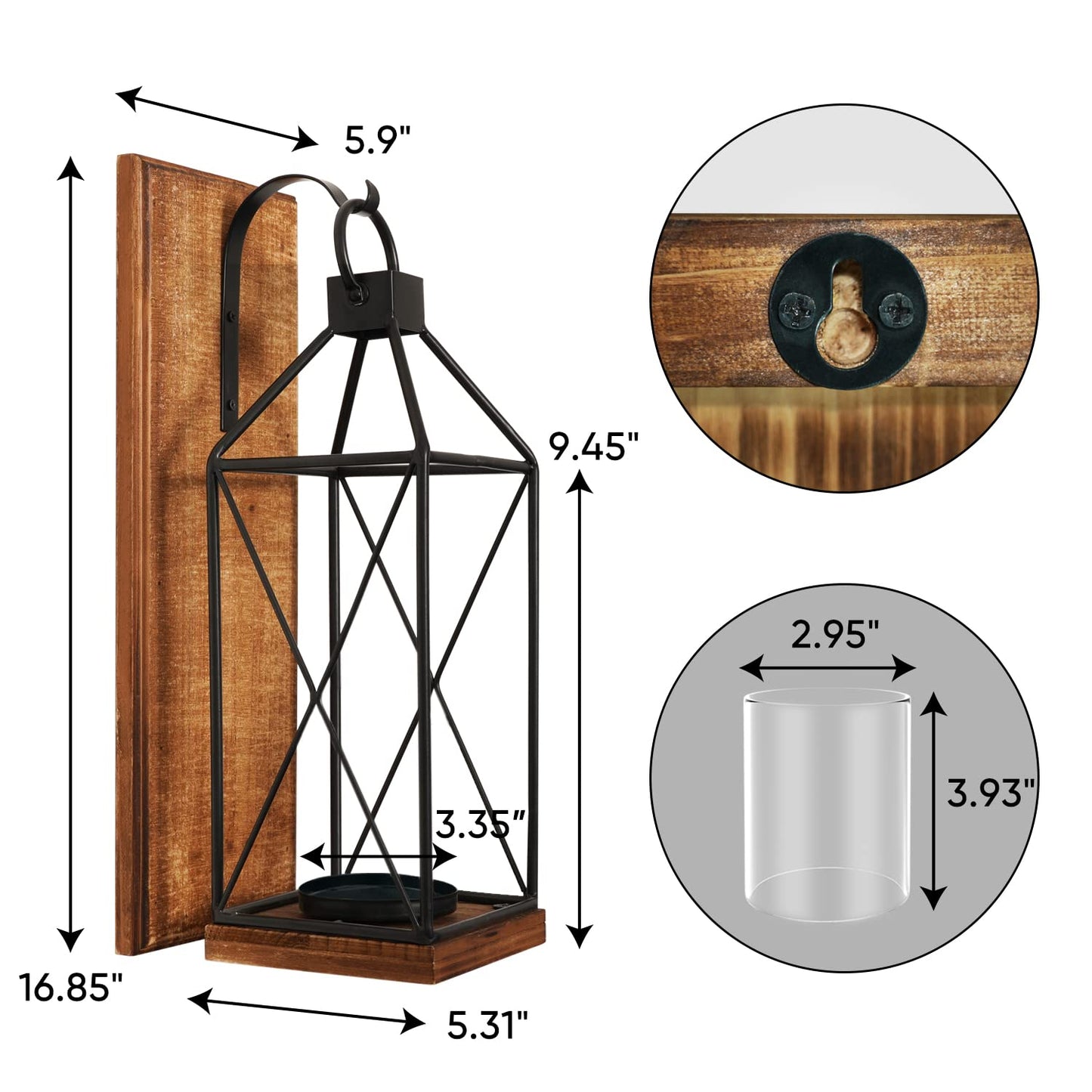 Homemory Wall Candle Sconce, Wood Rustic Candle Holder Decorative Candle Lantern with Glass Holder, Wall Decorations for Living Room, Dining Room (1, Dark Brown)