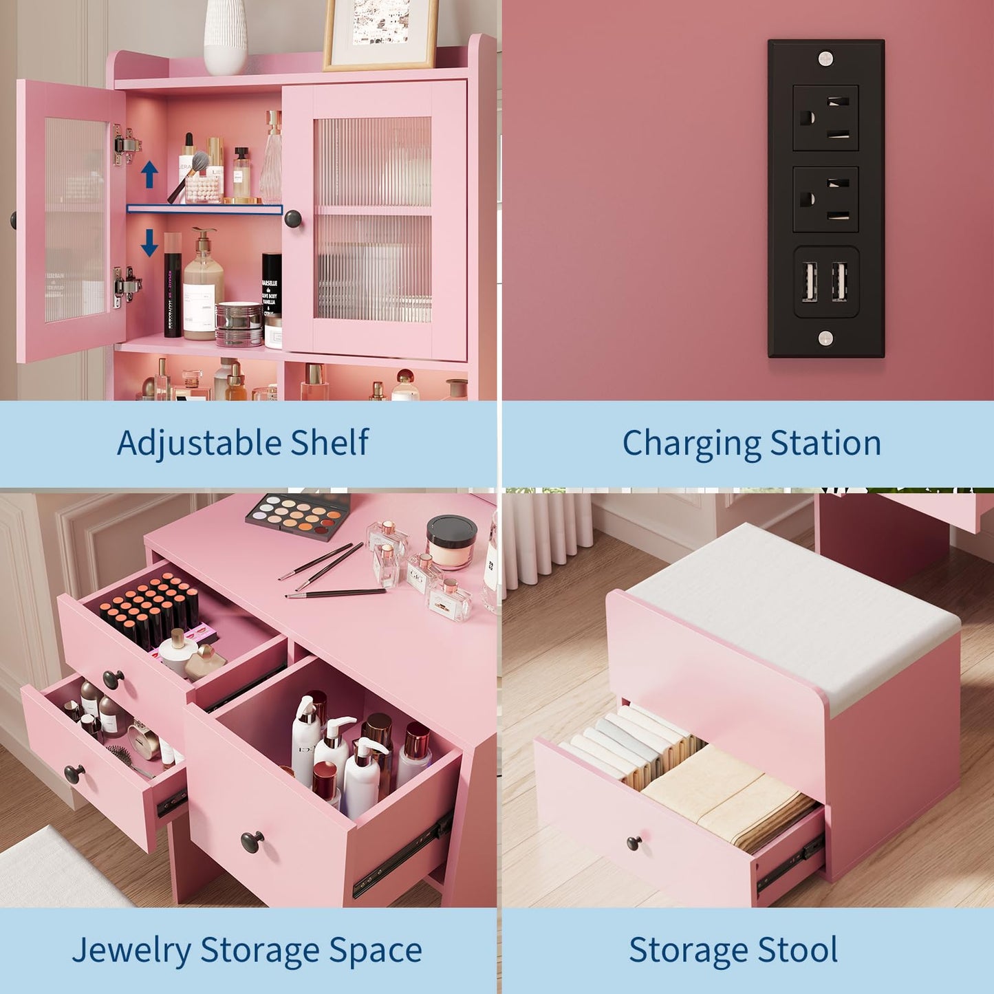 3 in 1 Vanity Desk with LED Light, Tall Makeup Vanity Set with 2 AC Outlets & USB-C, Dressing Table with Storage Drawers & Acrylic Doors, Nightstand Vanity Mirror, Jewelry Box, Cushioned Chair