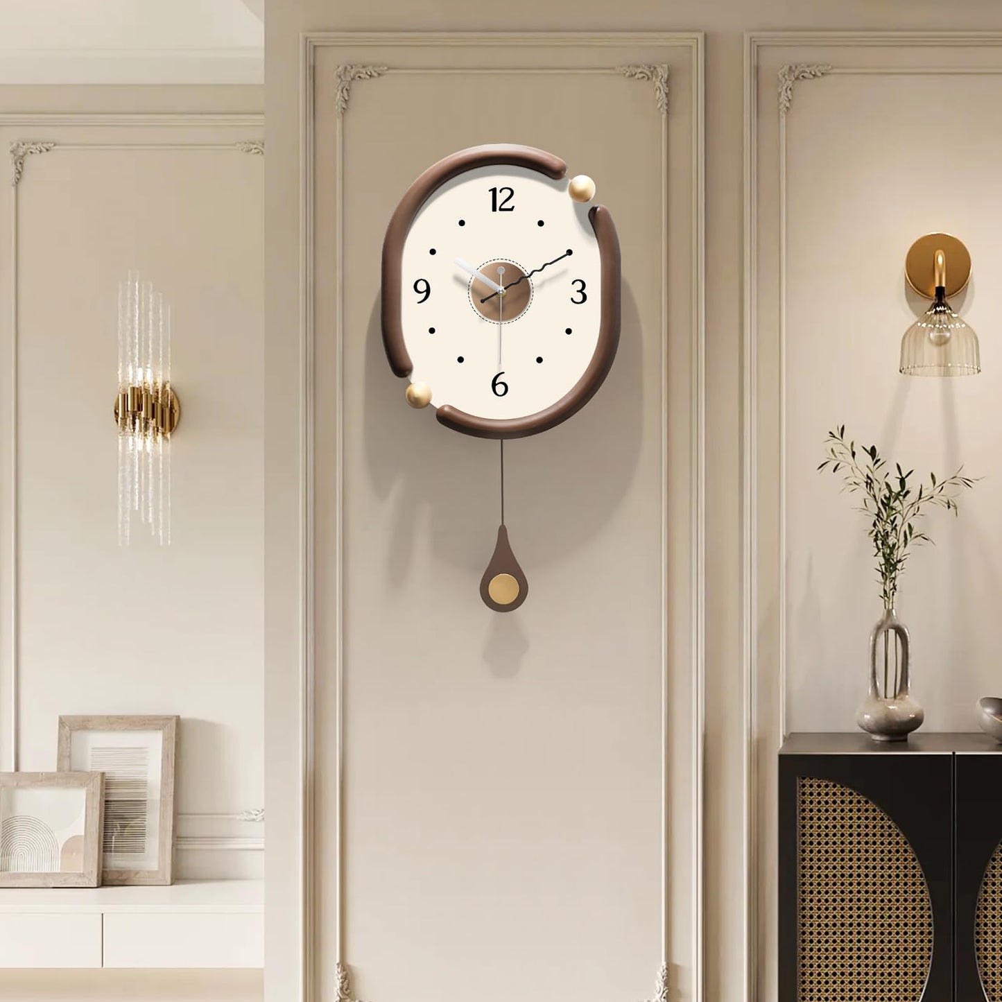 FIXNEO Wood Wall Clock Decorative for Living Room Decor 14 Inch Modern Design - Quiet Battery Operated Wall Clock Non Ticking Analog Quartz Movement, for Farmhous,Kitchen,Bedrooms