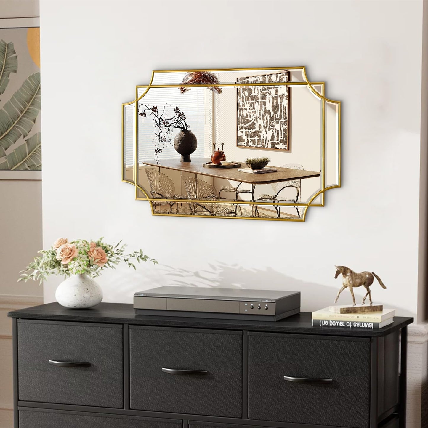 HQiJun 30x20 Inch Gold Bathroom Mirror, Wooden Frame with Scalloped Polished Beveled Glass, Modern Art Wall Decor for Vanity, Irregular Rectangle Mirror for Bedroom, Living Room, Fireplace & Entryway