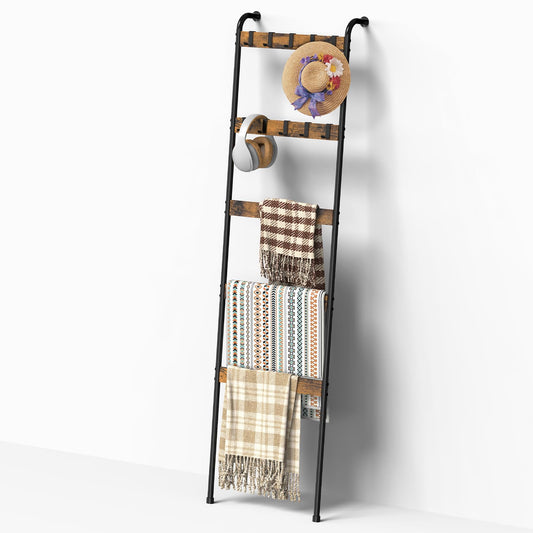 NOMISPADVIC Blanket Ladder for Living Room Towel Ladder for Bathroom Decorative Quilt Rack for Home Decor 5-Tier Throw Blanket Holder with 10 Hooks, Rustic Brown and Black