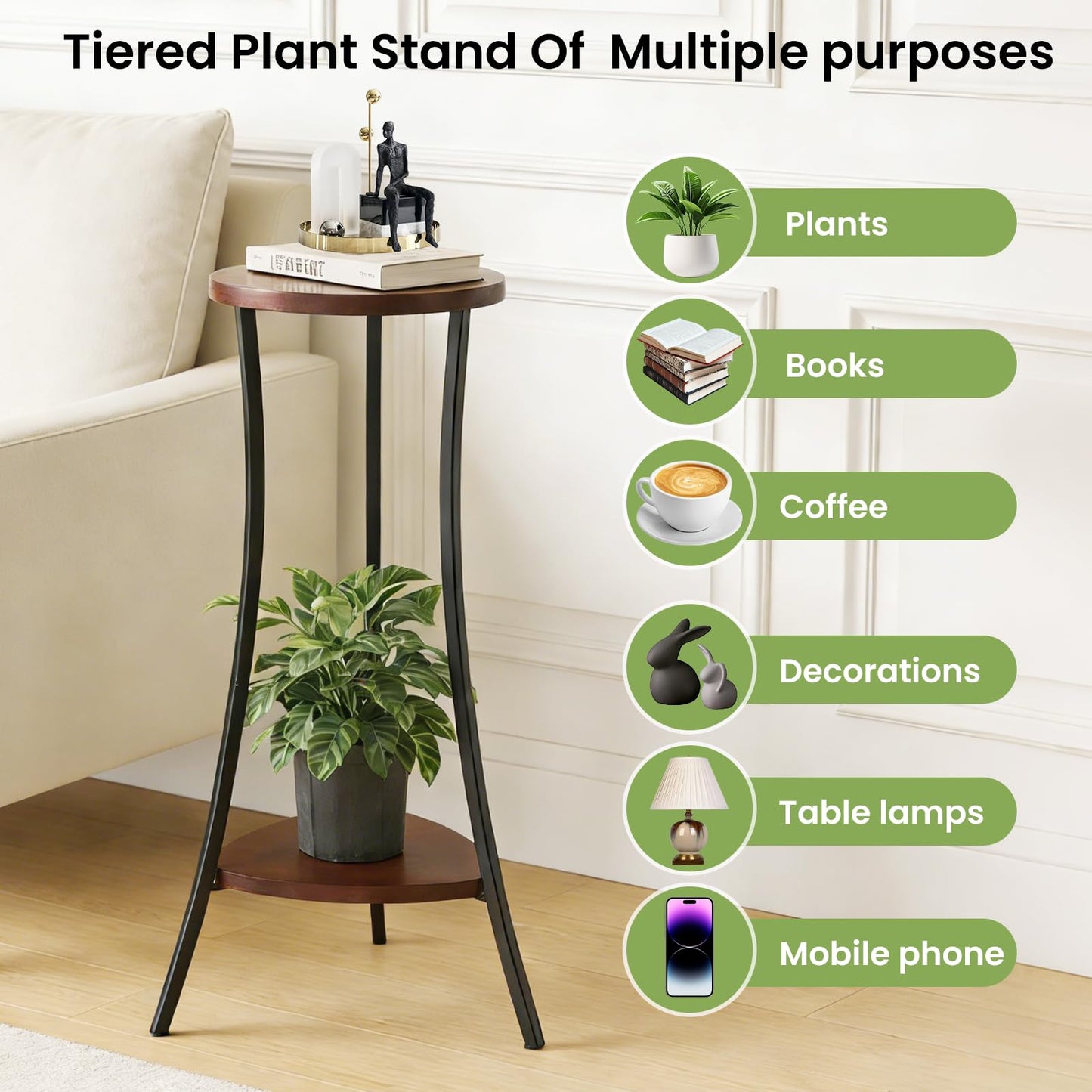 Yedcxup 2-Tier Tall Plant Stand Indoor Outdoor, Round Wooden Corner Plant Shelf with Walnut Panel & Black Metal Frame, Modern Flower Pot Holder Rack for Living Room, Balcony, Patio Decor