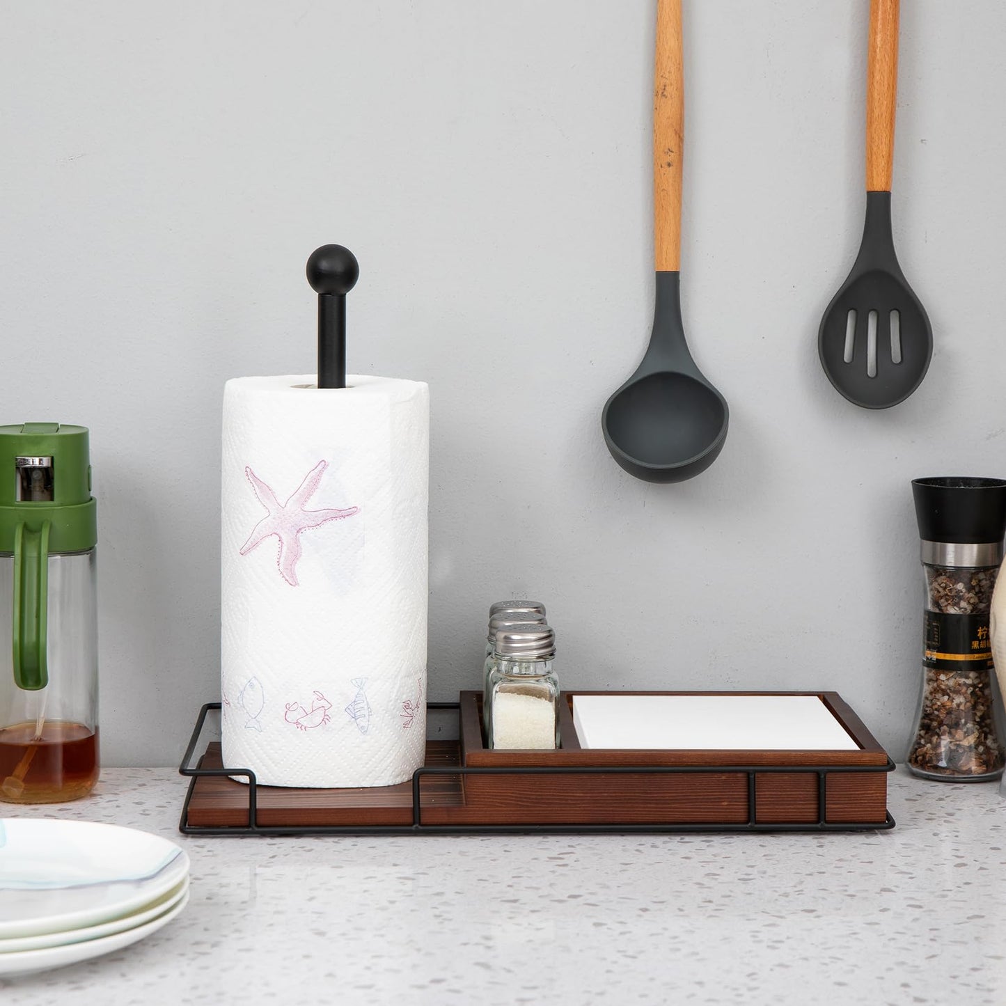 ExoLiry Rustic Brown Wooden Kitchen Countertop Paper Towel Roll Holder Spice Jar Rack Shakers Vintage Brass Metal Design Napkin Dispenser Dining Table Caddy Organizer Condiments Home Outdoor Picnic