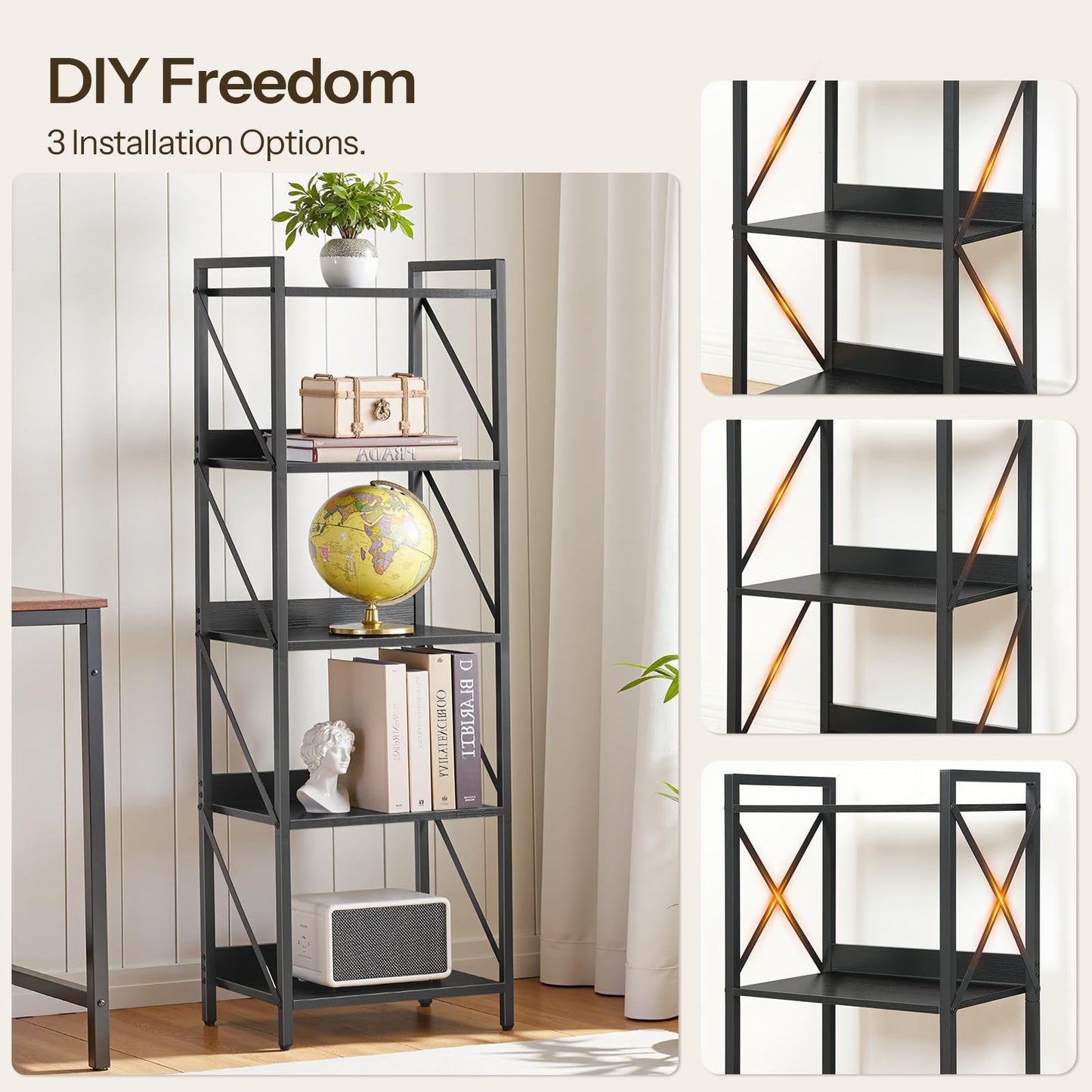 HOOBRO Literature Organizer and Bookshelf Bundle, 12 Compartments Office Mailbox with Adjustable Shelves, 5-Tier Industrial Bookcase for Home, Office, Black BK12WF01-BB73SJ01