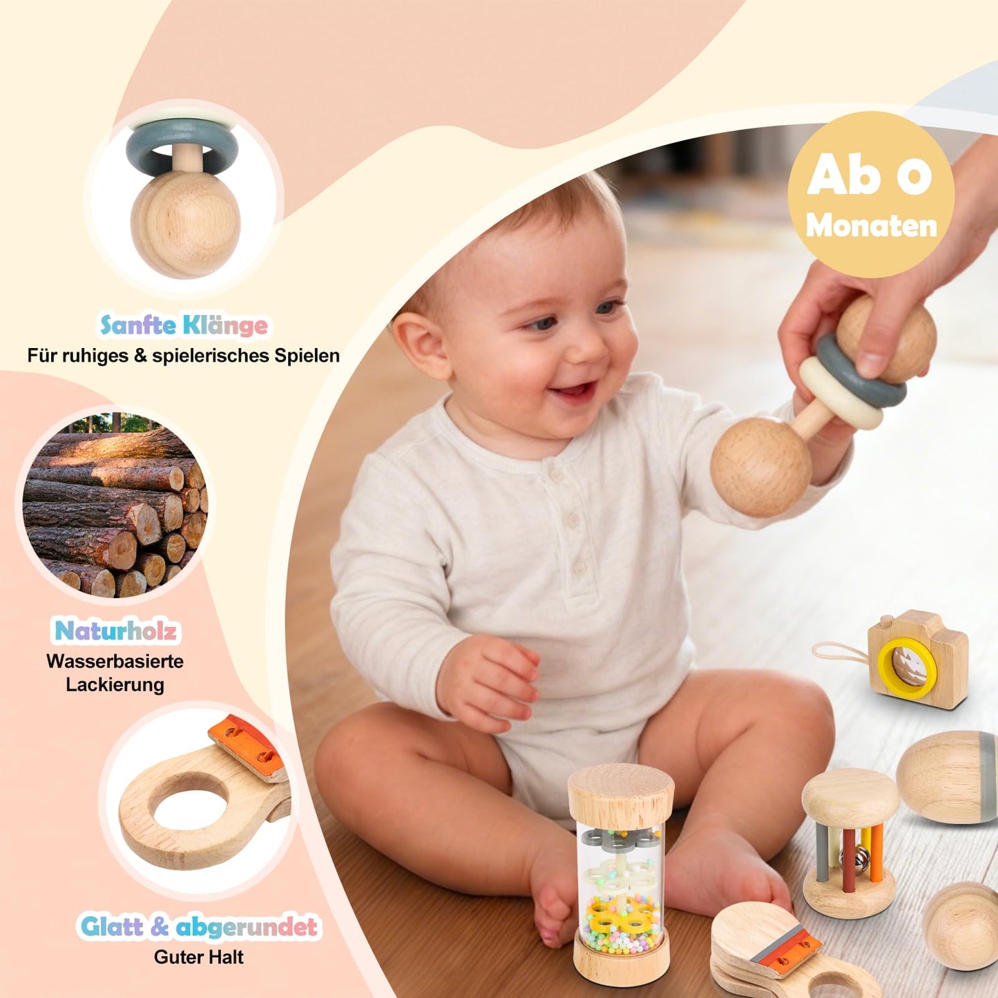 Montessori Wooden Baby Toys 7-in-1 Sensory Set for Babies 0–12 Months, Rain Sound Tube & Rattle Roller, Sensory Musical Gift for Baby Boys and Girls with Storage Bag