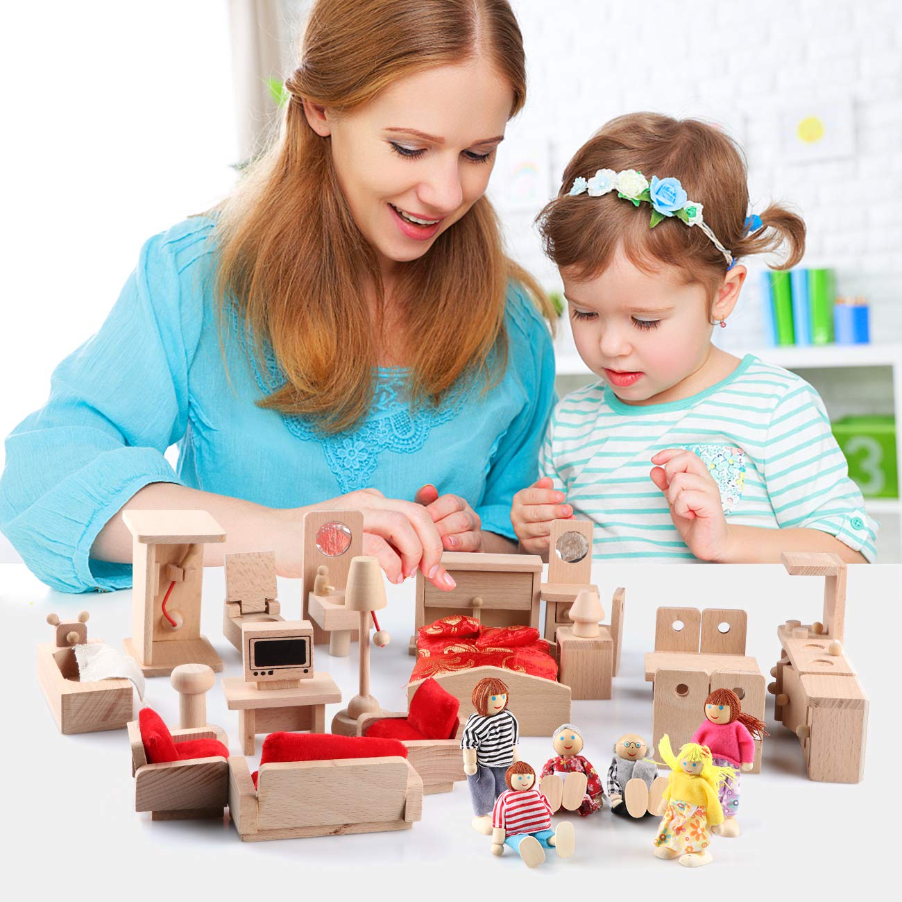 5 Set Dollhouse Furniture Accessories Wooden Bathroom/Living Room/Dining Room/Bedroom/Kitchen House 6 Family Doll Decoration Pretend Play Kids Christmas Birthday Gifts for Girls Toys 40 Pcs