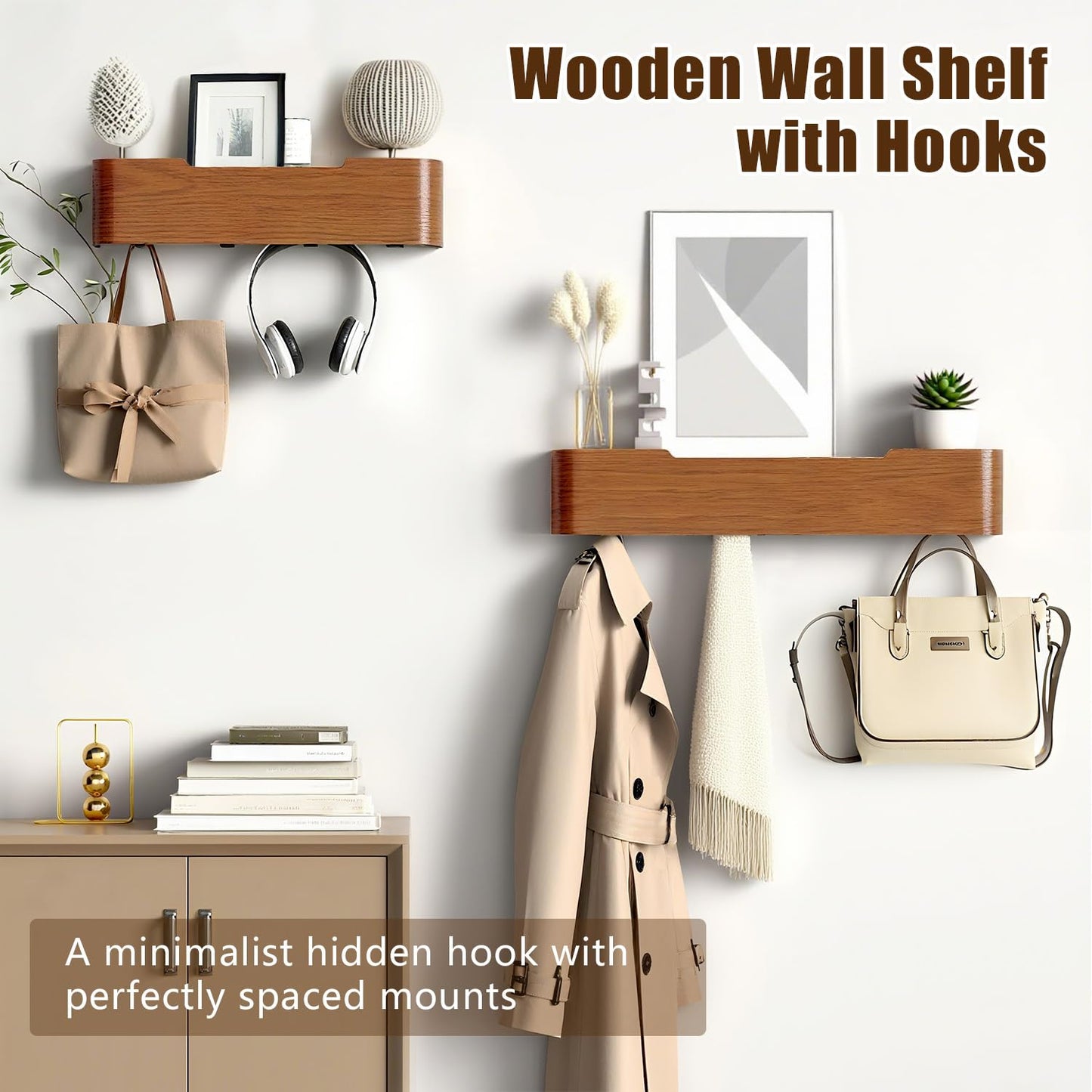 Nevsokio Coat Rack Wall Mount with Hidden Hooks, Wall Hooks with Shelf, Wall Key Holder Mount Wooden Shelf Entryway Hooks for Bedroom Bathroom for Hanging Coats Hats Bags Towels (Walnut, 4 Hooks)