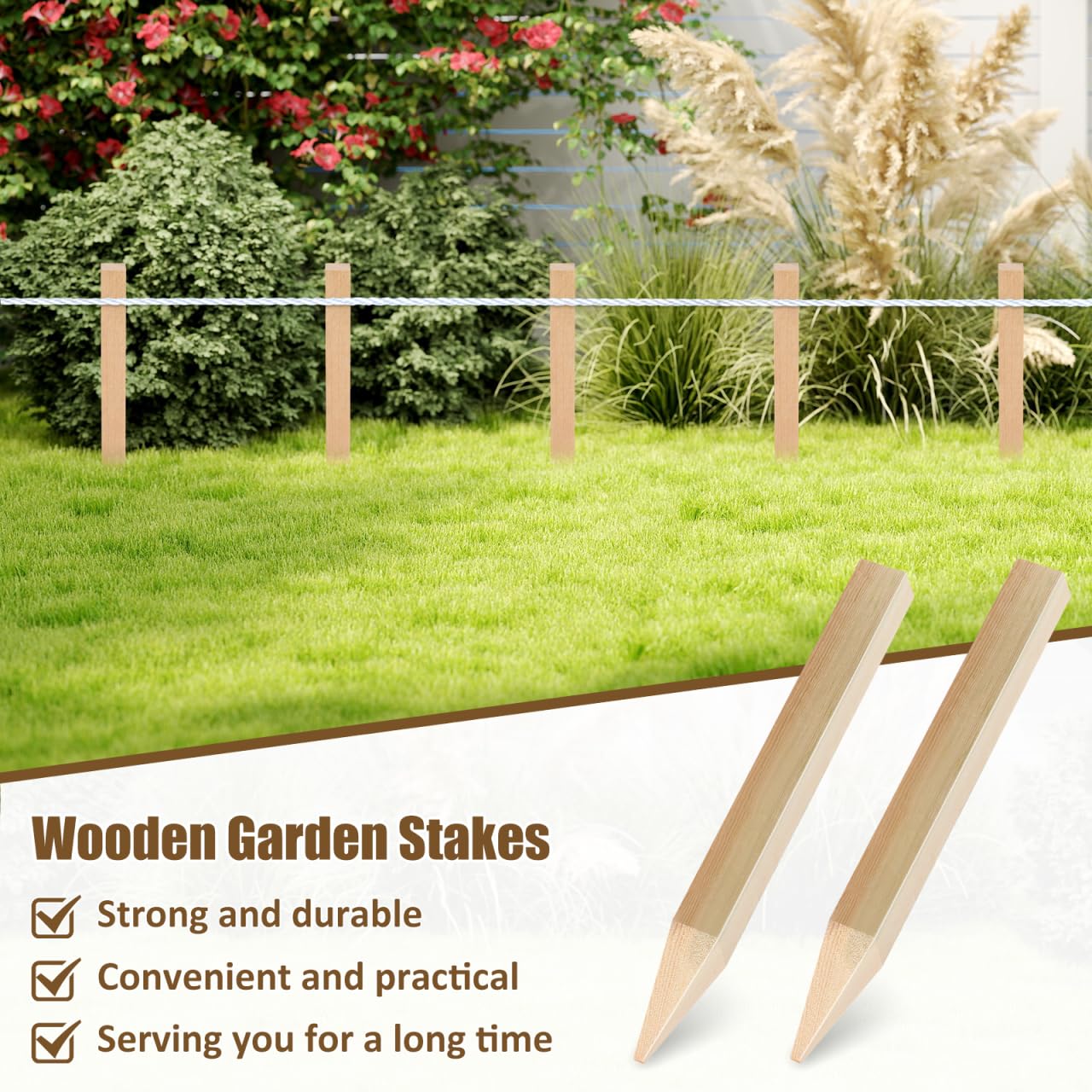 Yardwe 5Pcs Wooden Garden Stakes, 12 Inch Grade and Survey Stakes for Building and Lawn Fence Decoration, Garden Sign Posts for Plant Support and Outdoor Use