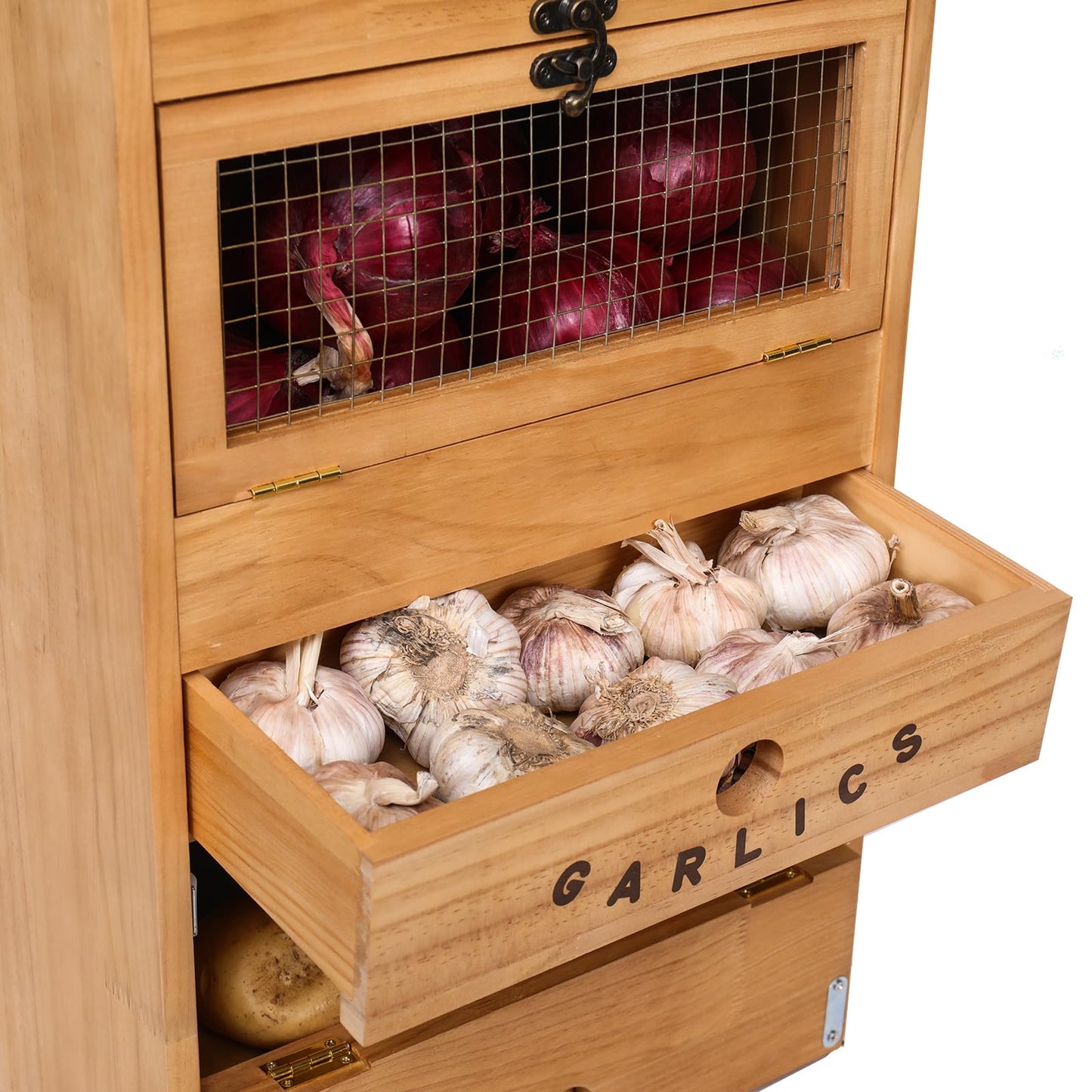 Potato Bin Veggie Organizer Rustic Pine Wood Potato, Onion & Garlic Storage Bin | Kitchen Organizer | Solid Wood Veggie Box | Compact Kitchen Box (13.77" L x 7.1" W x 29.3" H)