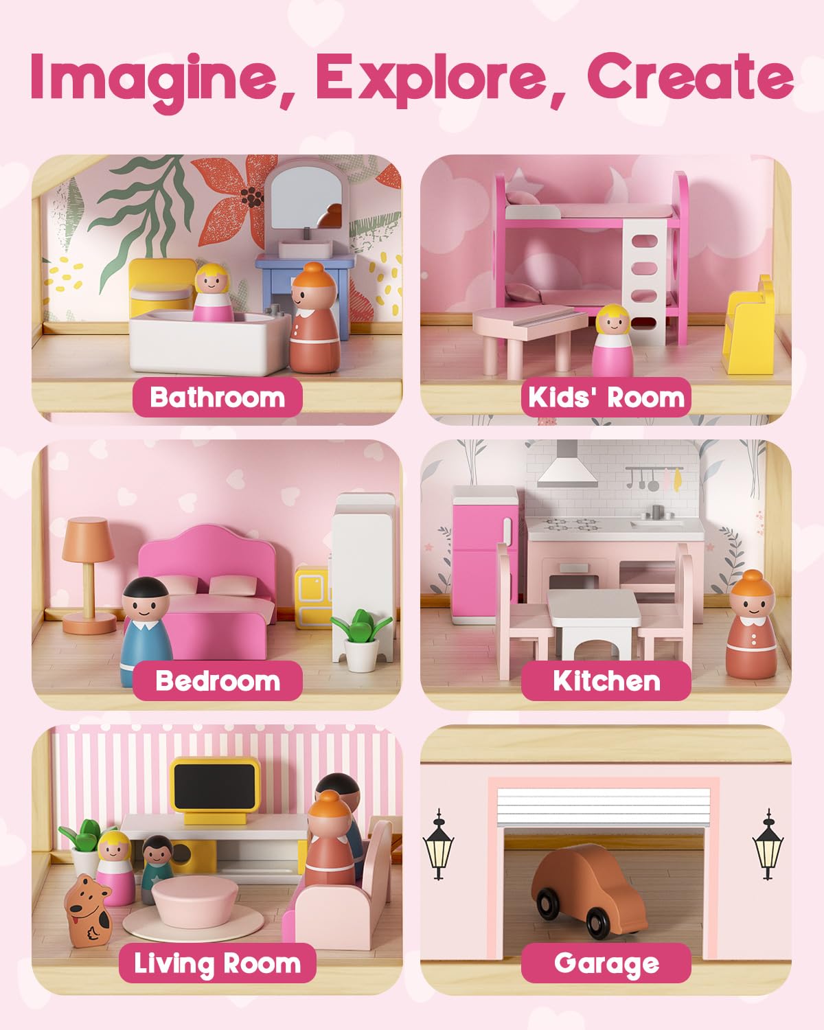 BIERUM Wooden Dollhouse for Girls, Large Pink Wooden Doll House with 39 Furniture Accessories, Elevator & Garage, 5 Rooms Modern Dollhouse for Toddlers, Pretend Play Toy Gift for Kids (Pink)