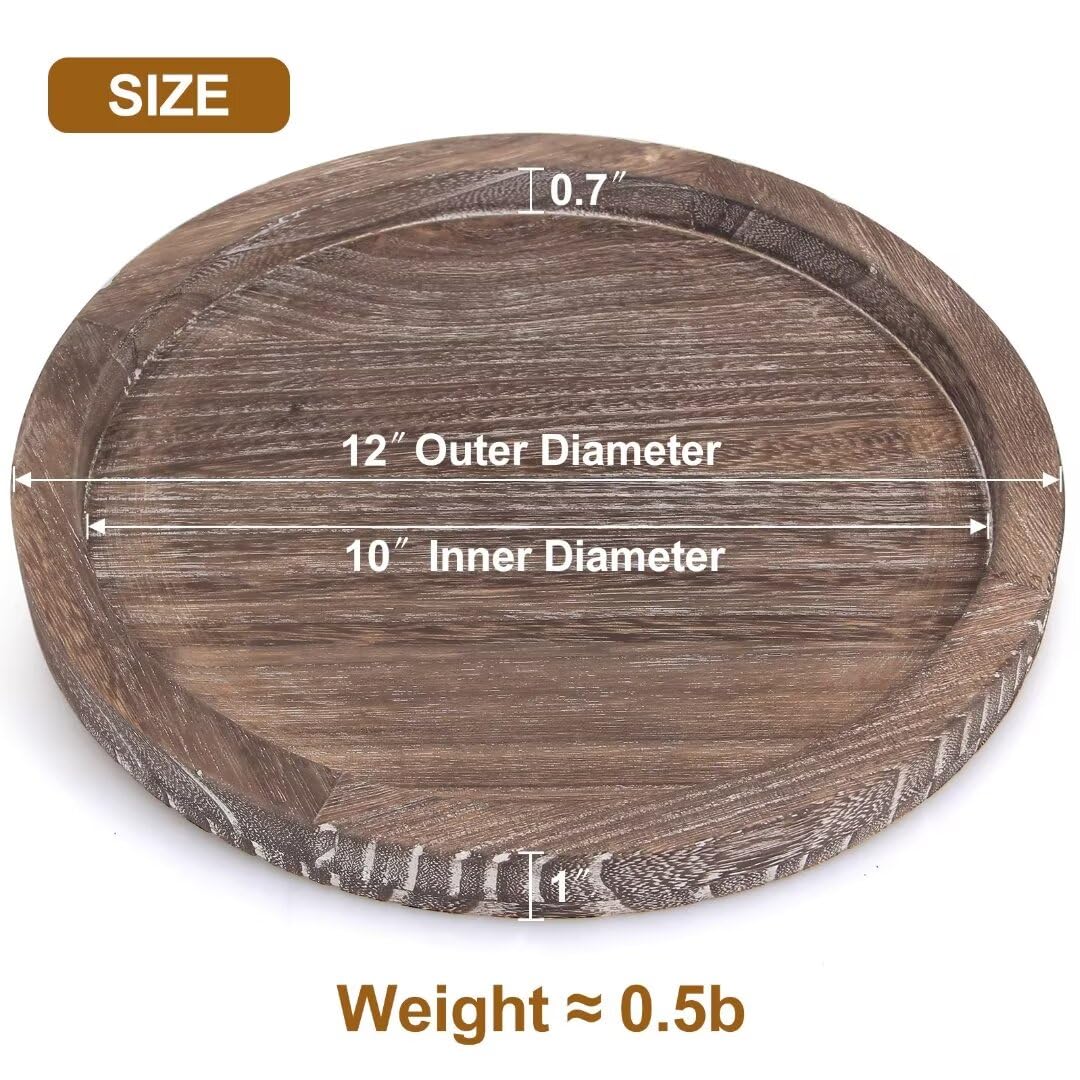Round Decorative Wooden Serving Trays for Ottoman Coffee Table Tray Farmhouse Kitchen Home Decor Accents Circle Circular Wood Decorations Trays Rustic Dining Table Centerpiece Candle Holder Tray