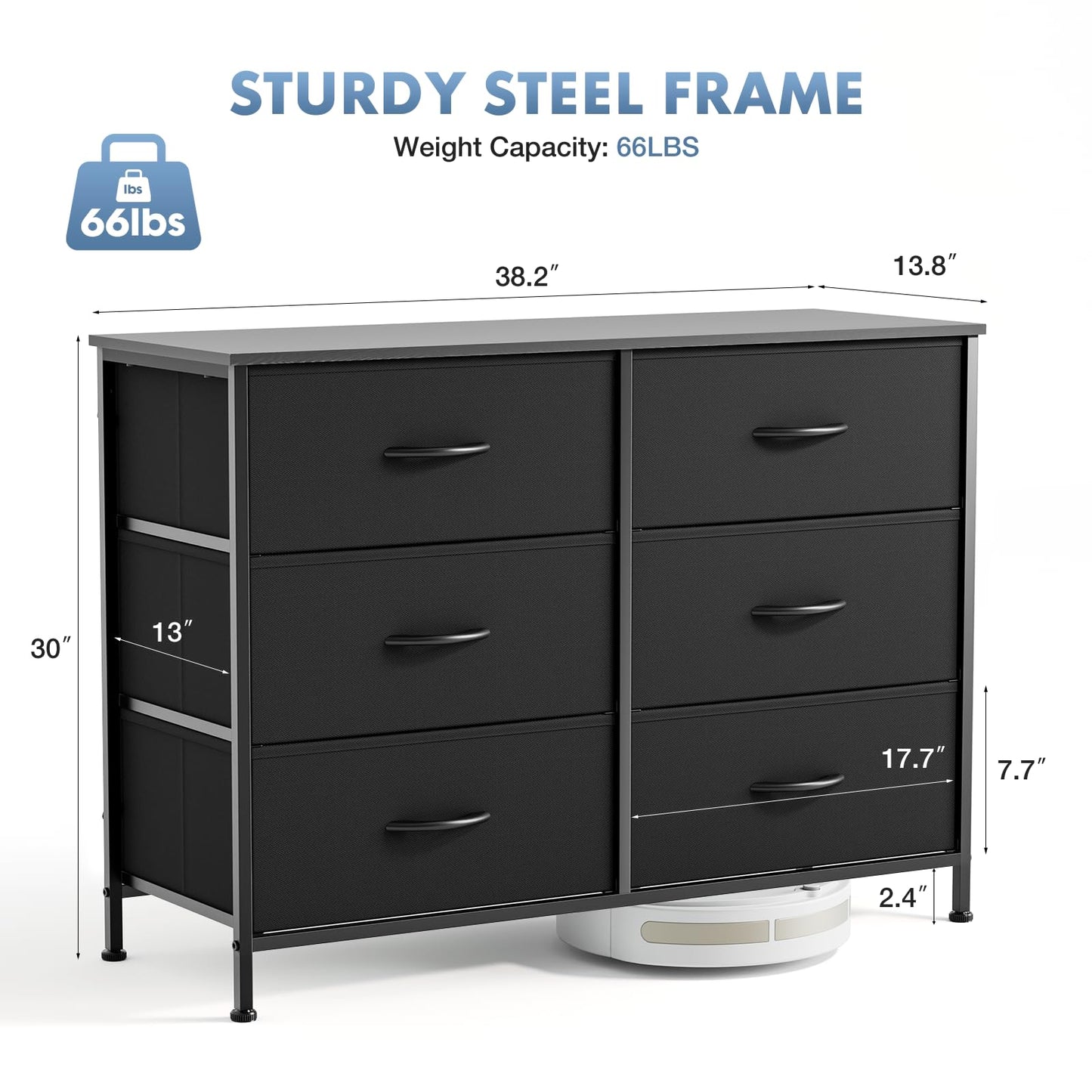 DUMOS Black Bedroom Dresser for Closet, Fabric Dresser, Chest of 6 Drawers